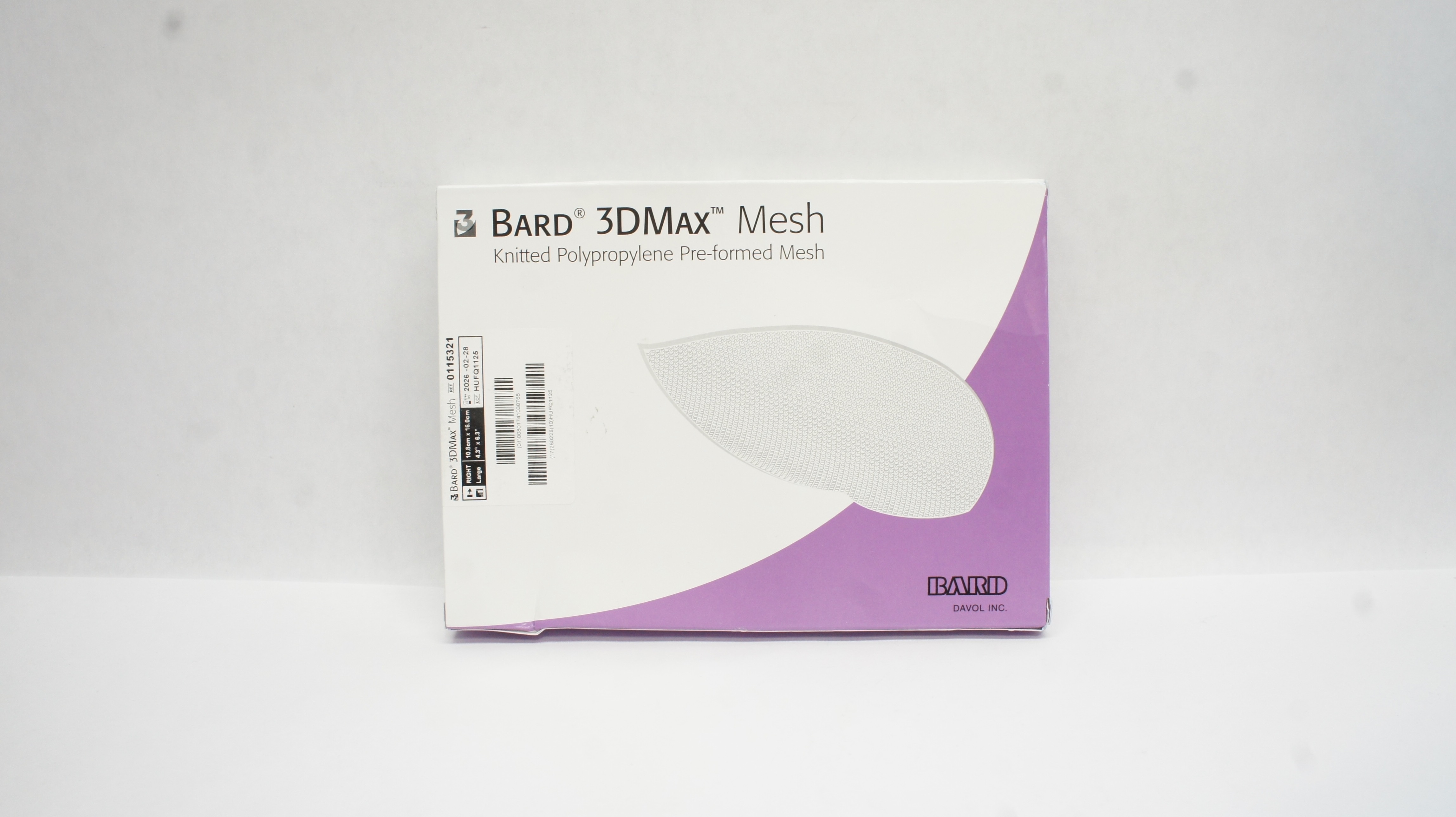 Bard 0115321 3DMax Knitted Polypropylene Pre-formed Mesh Right,L,4.3 x 6.3in.