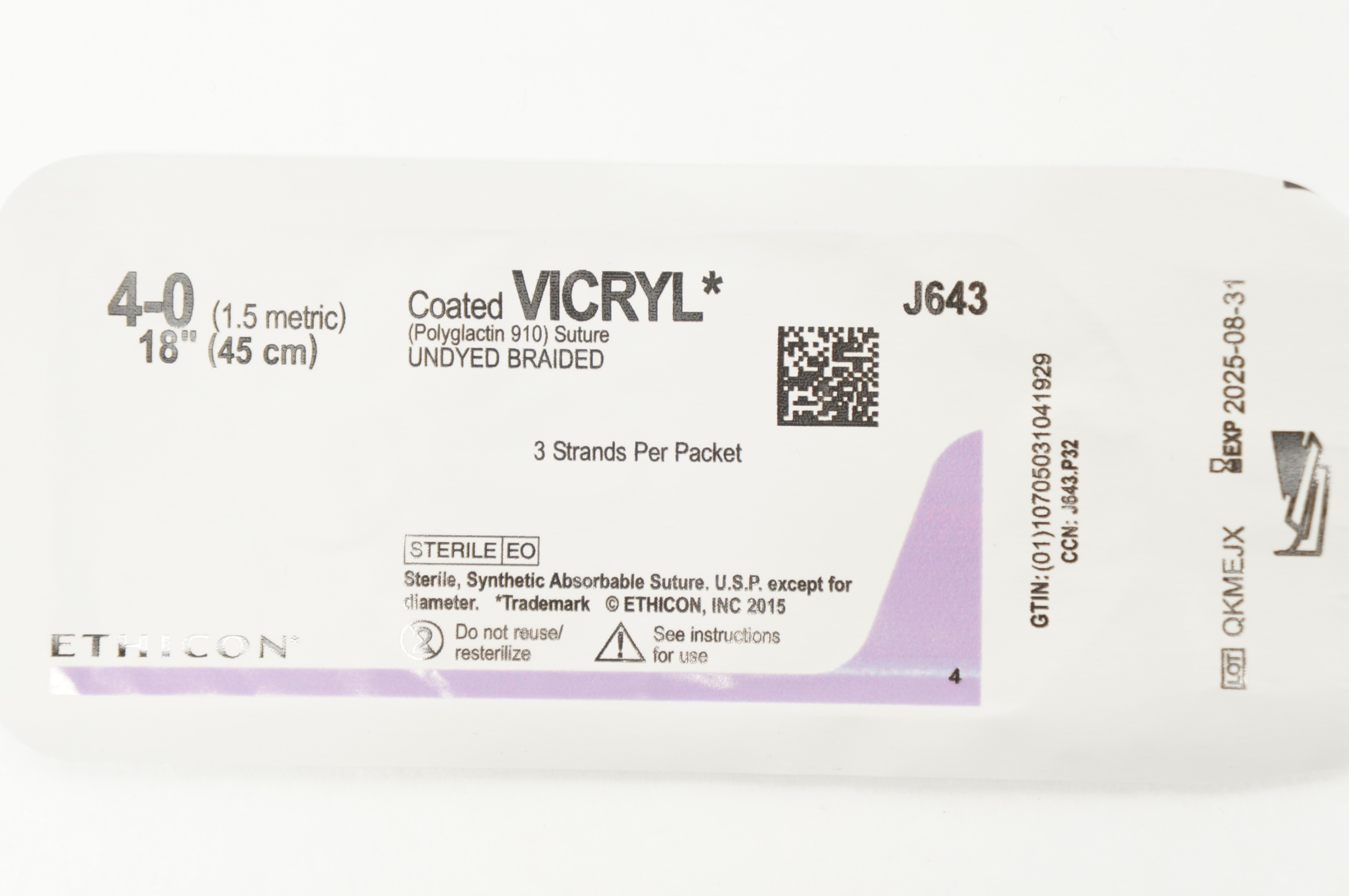 Ethicon J643 4-0 Coated VICRYL Polyglactin 910 Stre Undyed Braided 18inch