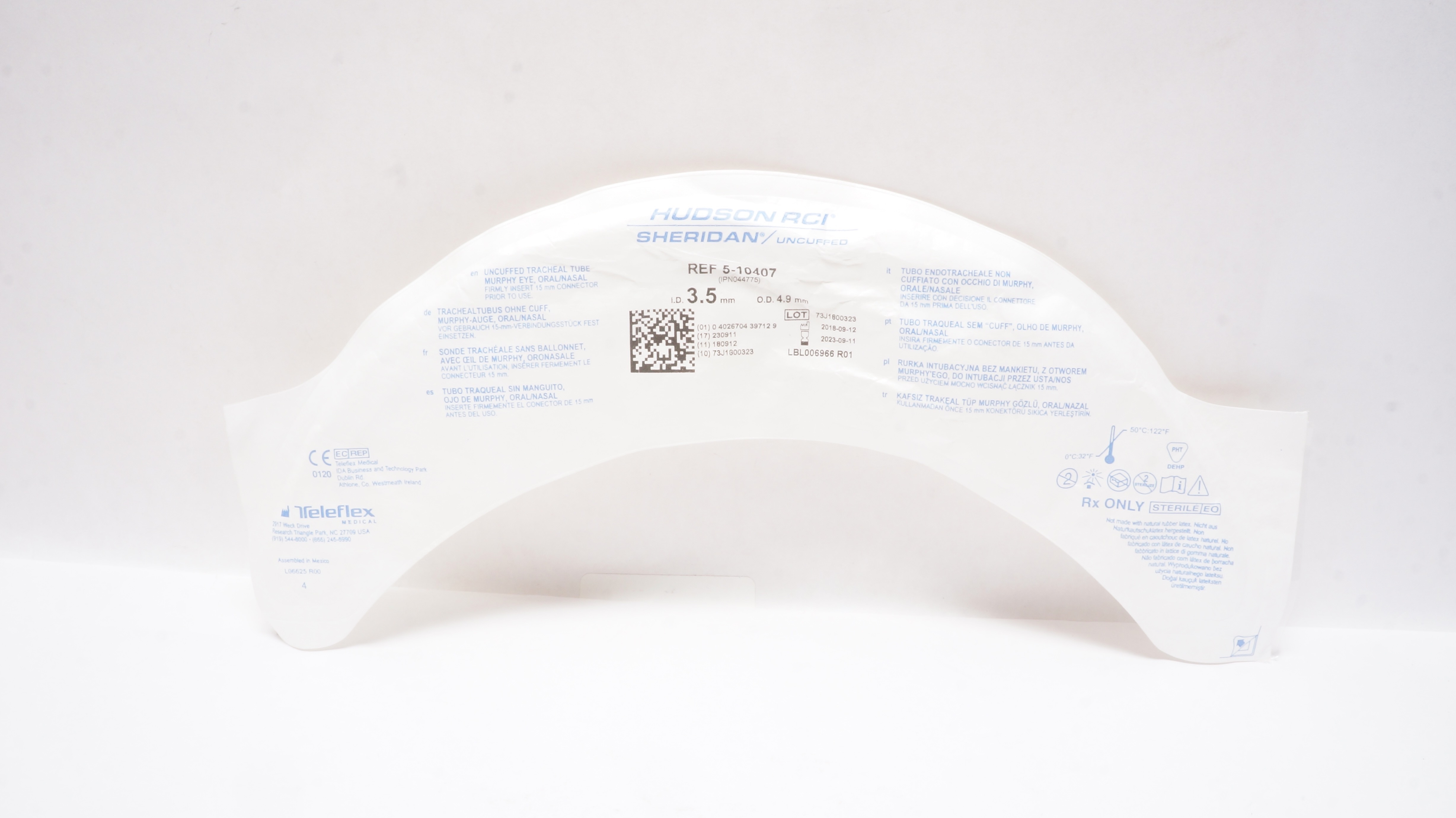 Teleflex 5-10407 Hudson RCI Sheridan Tracheal Tube Uncuffed 3.5mm ID x 4.9mm OD