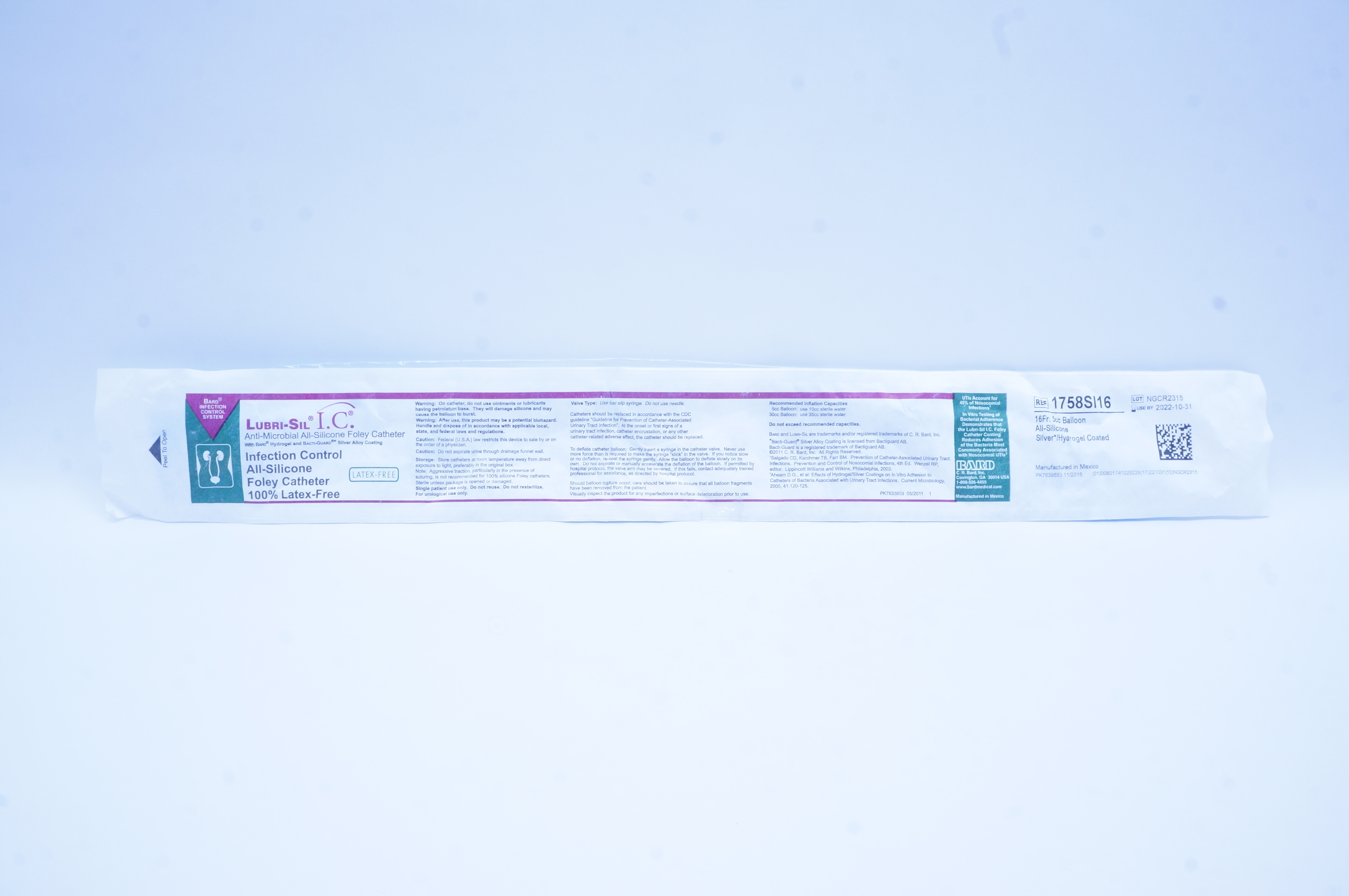 Bard 1758SI16 Lubri-Sil I.C. Anti-Microbial All-Silicone Foley Cath. 16Fr