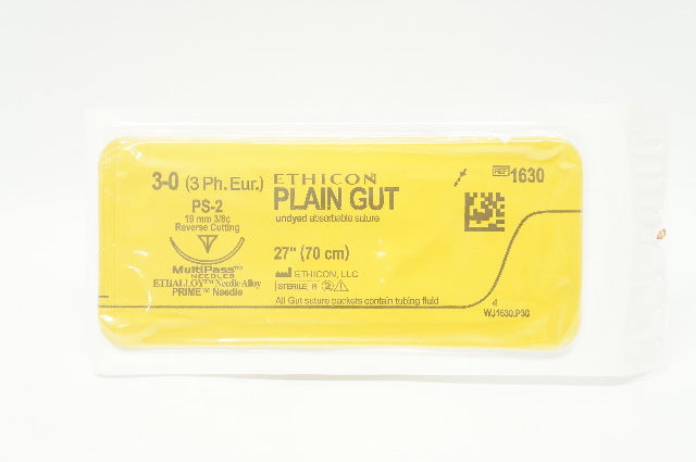 Ethicon 1630 3-0 Plain Gut Undyed Stre PS-2 19mm 3/8c Reverse Cutting, 27inch
