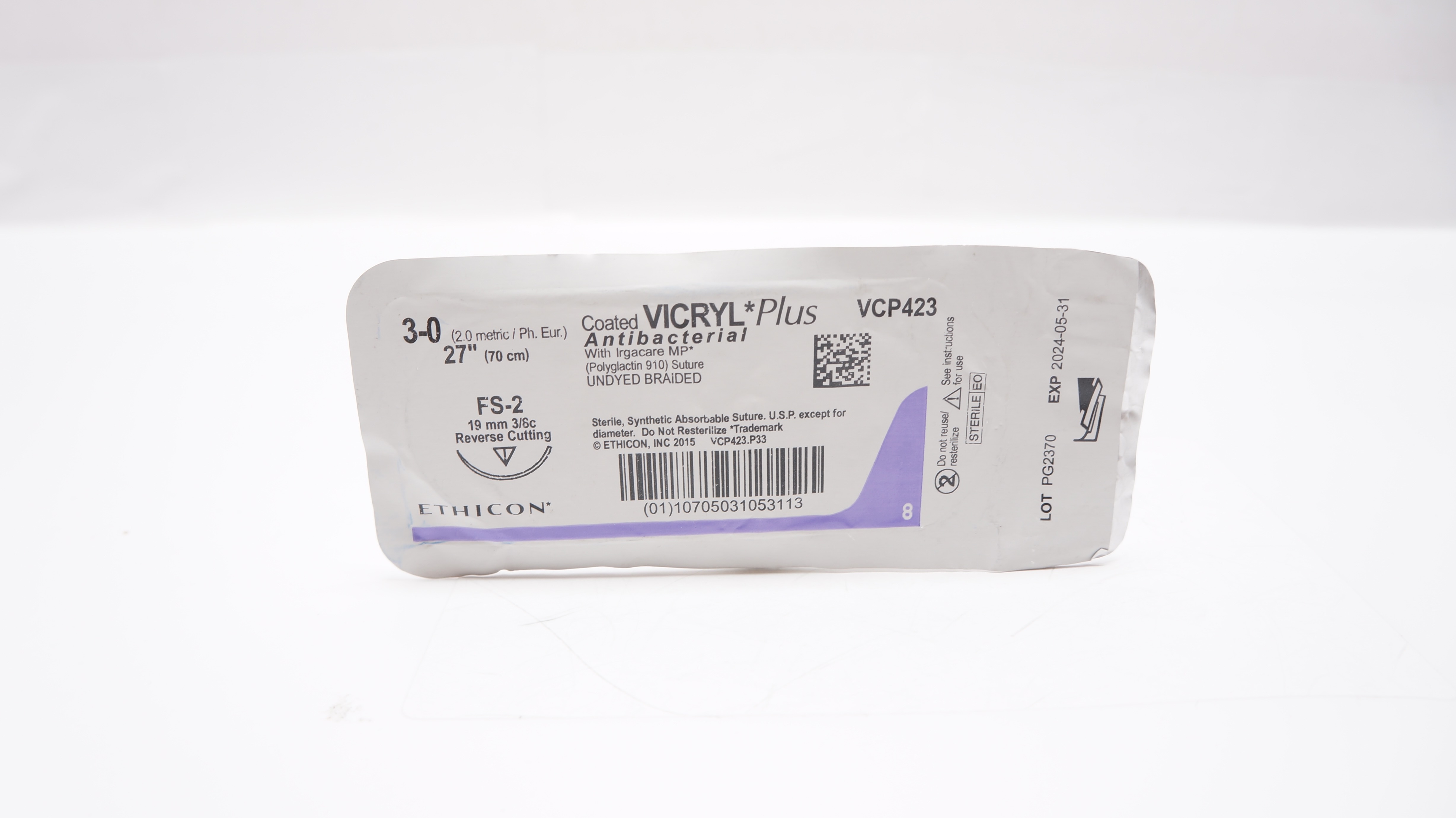 Ethicon VCP423 3-0 VICRYL Plus, FS-2, 19mm 3/8c,  27inch