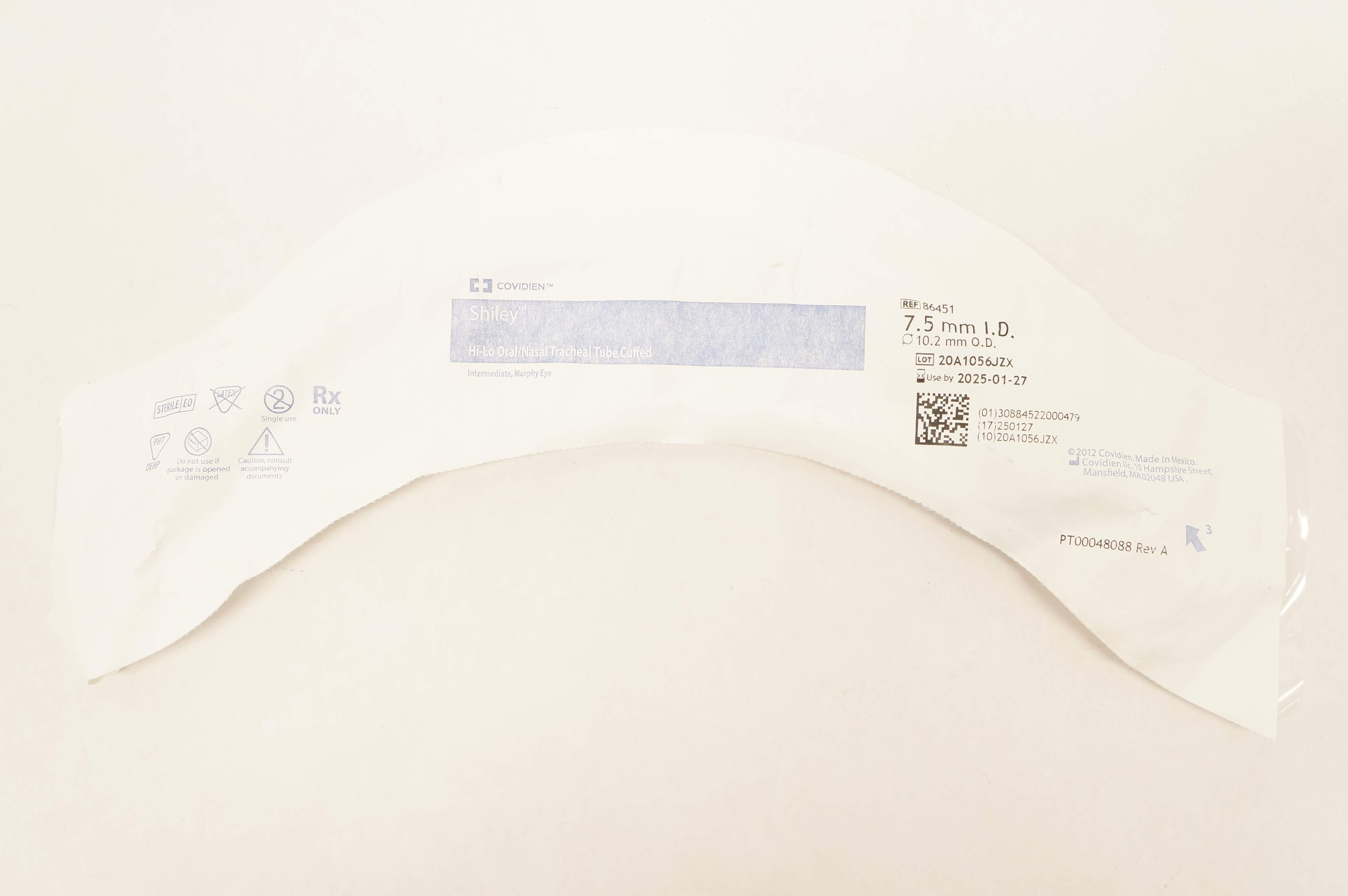 Covidien 86451 Shiley Hi-Lo Oral/Nasal Tracheal Tube Cuffed 7.5mm x 10.2mm