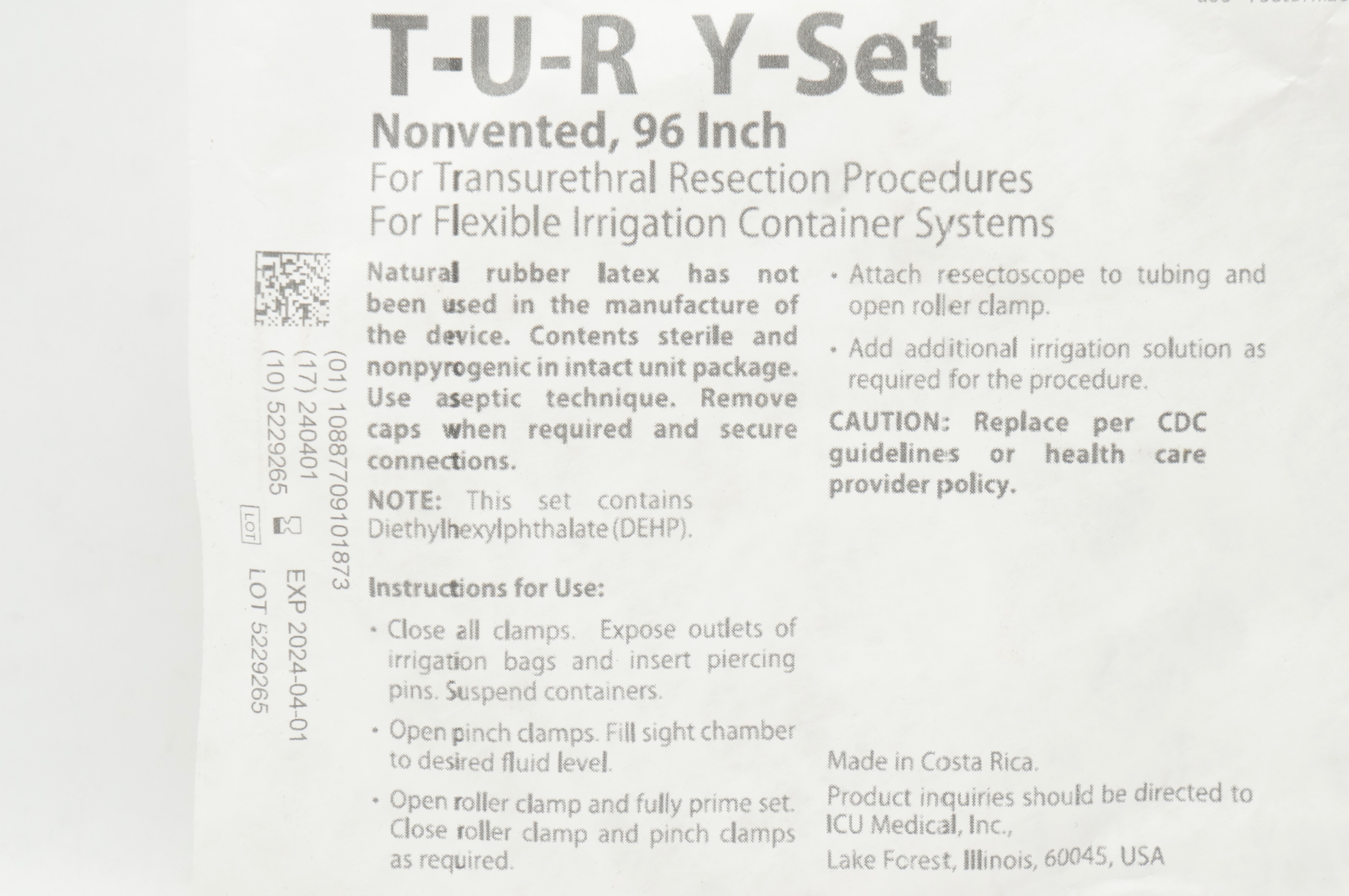 ICU Medical 6543-01 T-U-R Y-Set Nonvented Set for Transurethral Resection 96inch
