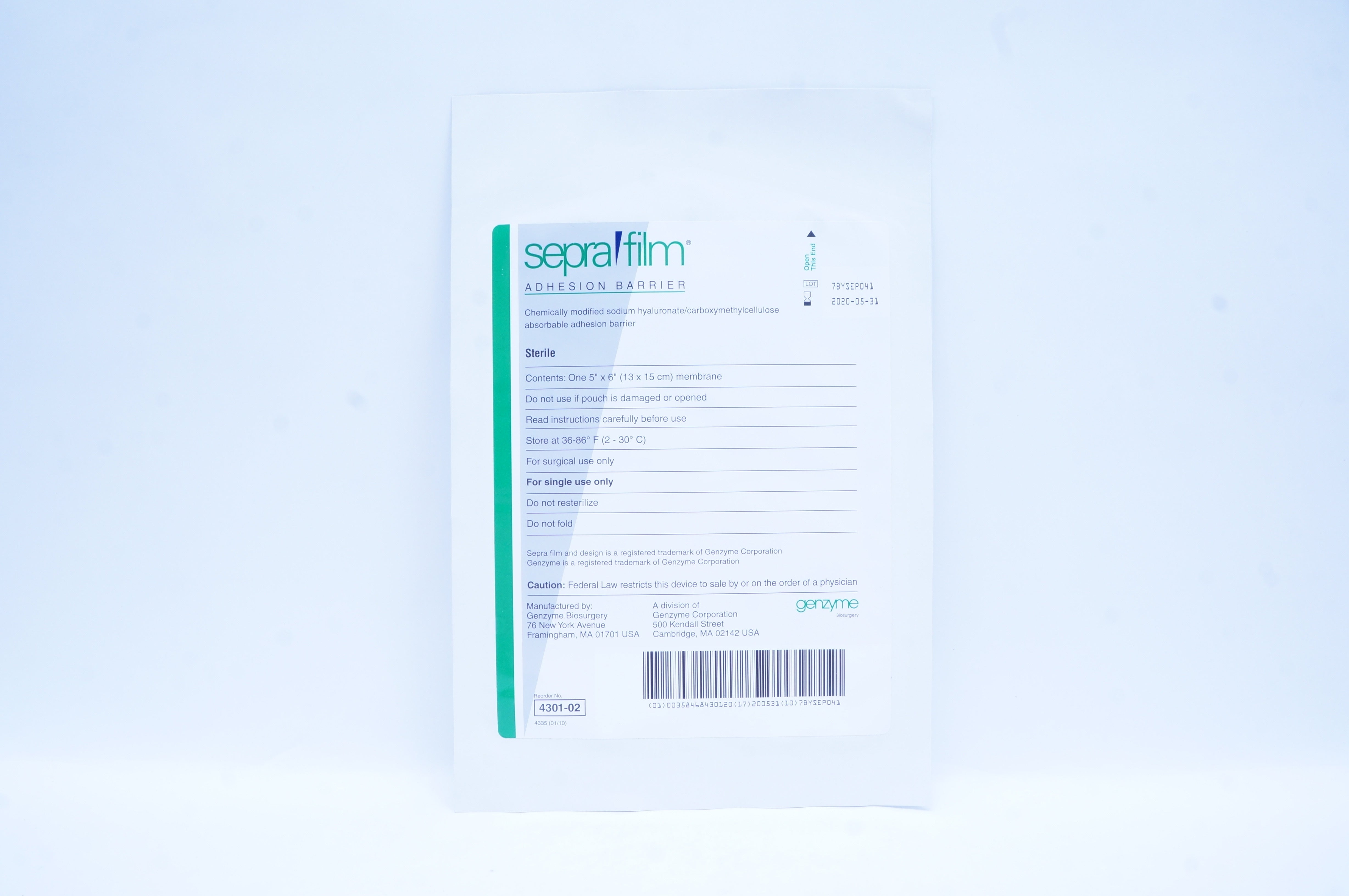 Genzyme 4301-02 Sepra Film Adhession Barrier 5 x 6 inch Membrane (x)