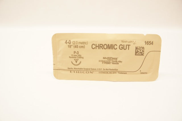 Ethicon 1654 4-0 CHROMIC GUT Surgical Stre P-3 13mm 3/8 Reverse Cutting, 18inch
