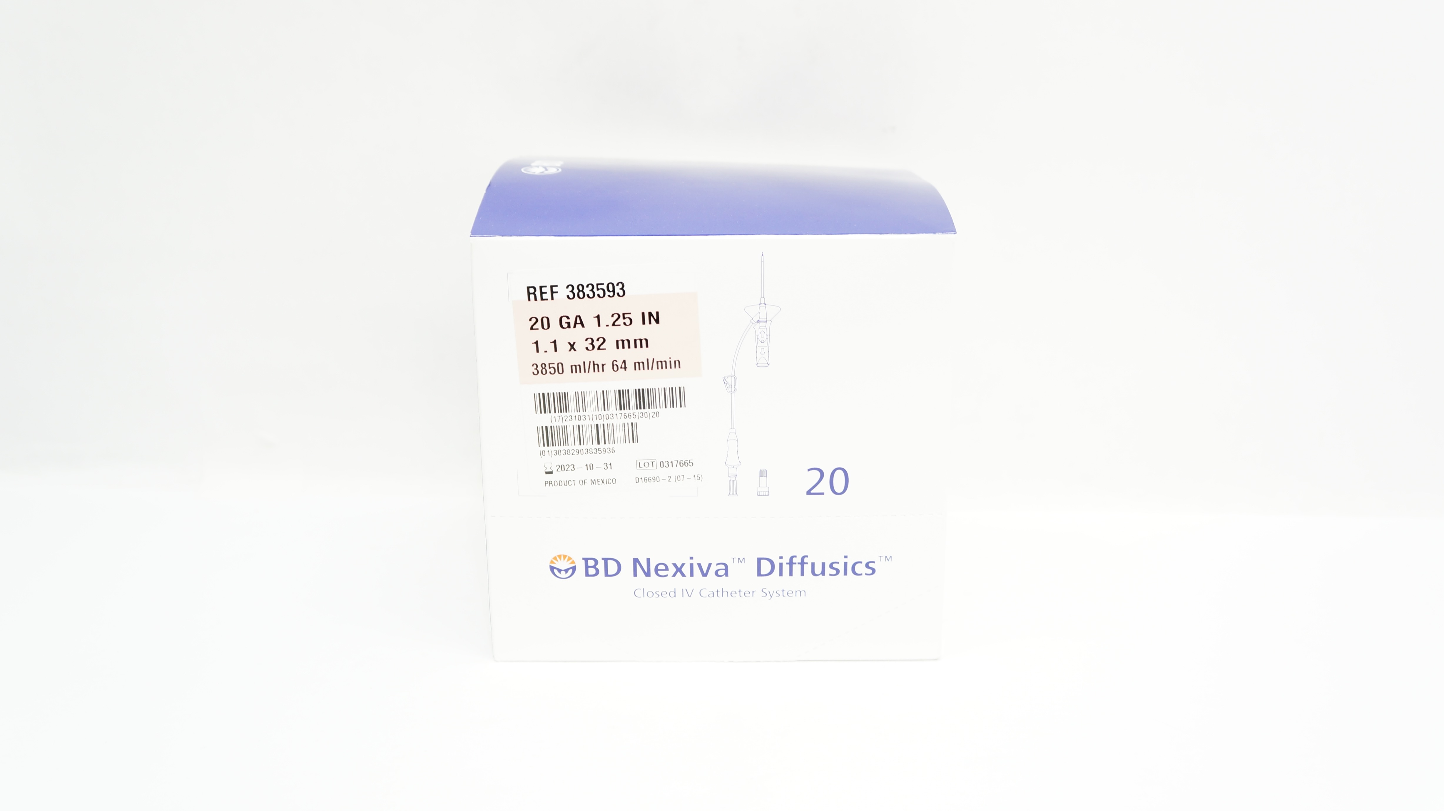 BD 383593 Nexiva Diffusics Closed IV Cath. System 20GA x 1.25inch - Box of 20