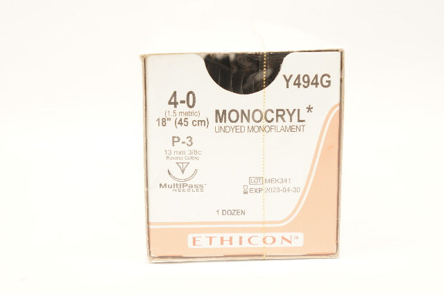 Ethicon Y494G 4-0 MONOCRYL, P-3, 13mm 3/8c Reverse Cutting, 18inch - Box of 12