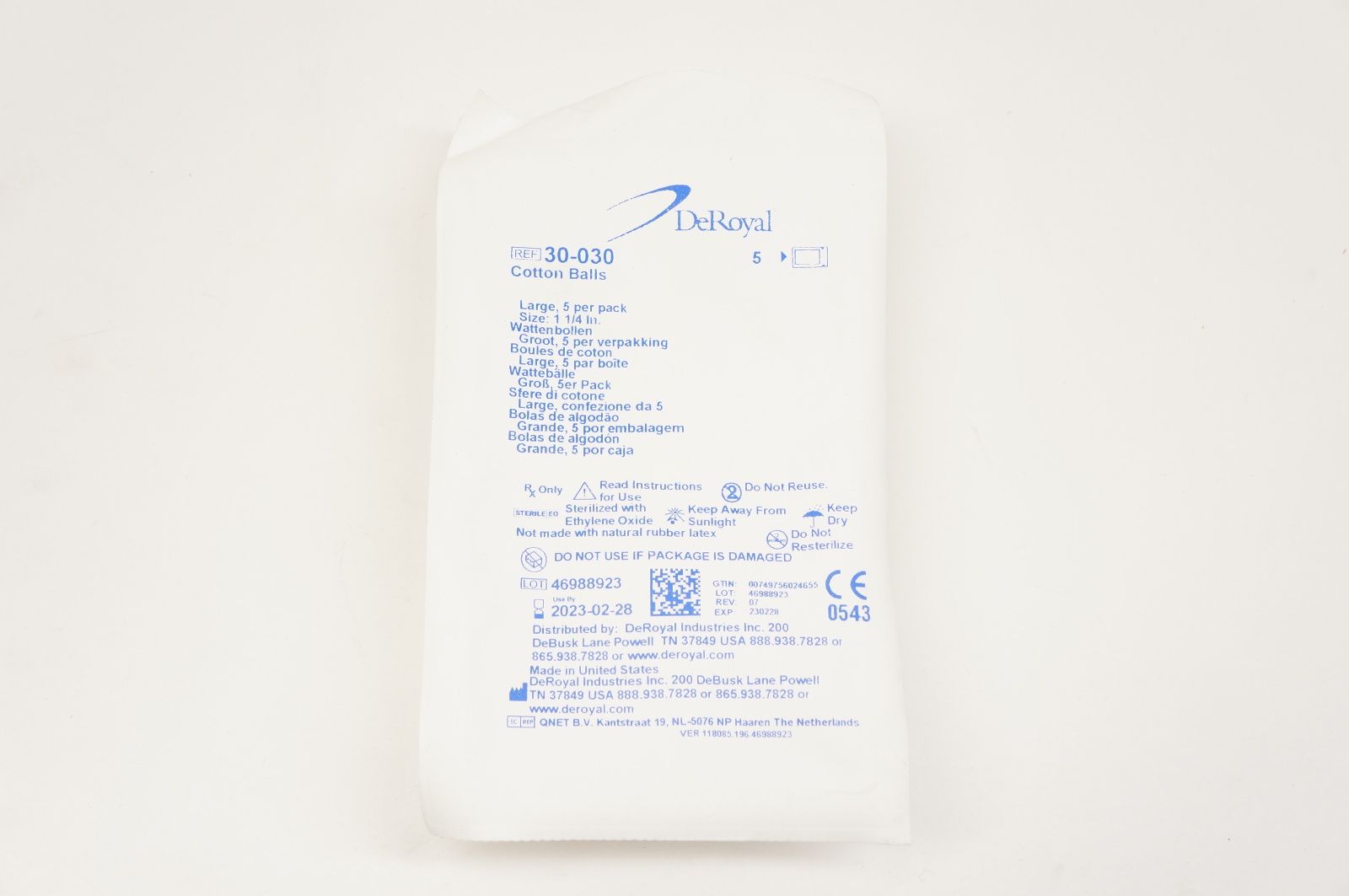 DeRoyal 30-030 Cotton Balls Large, Size 1-1/4inch - Pack of 5