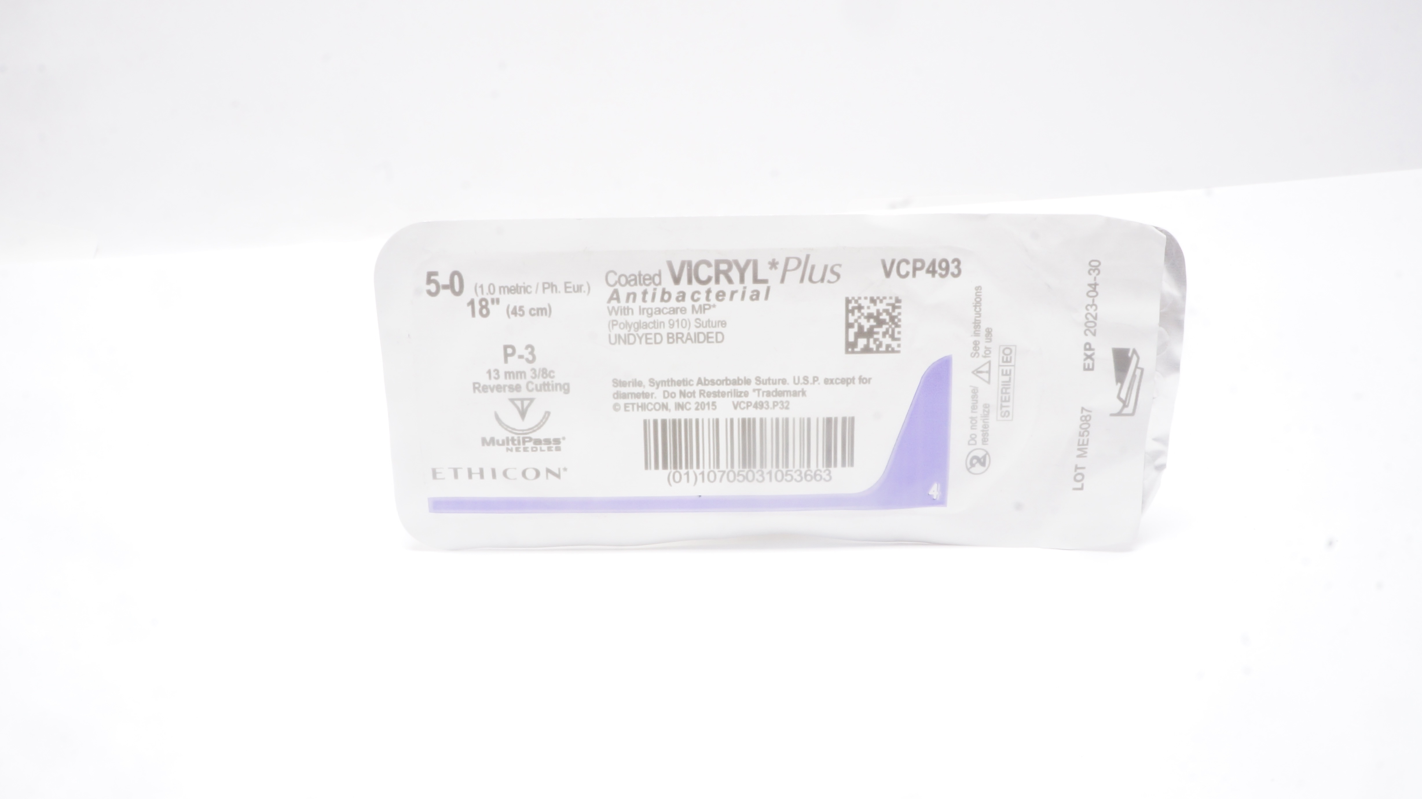 Ethicon VCP493 5-0 VICRYL Plus P-3 13mm 3/8c Reverse Cutting 18inch
