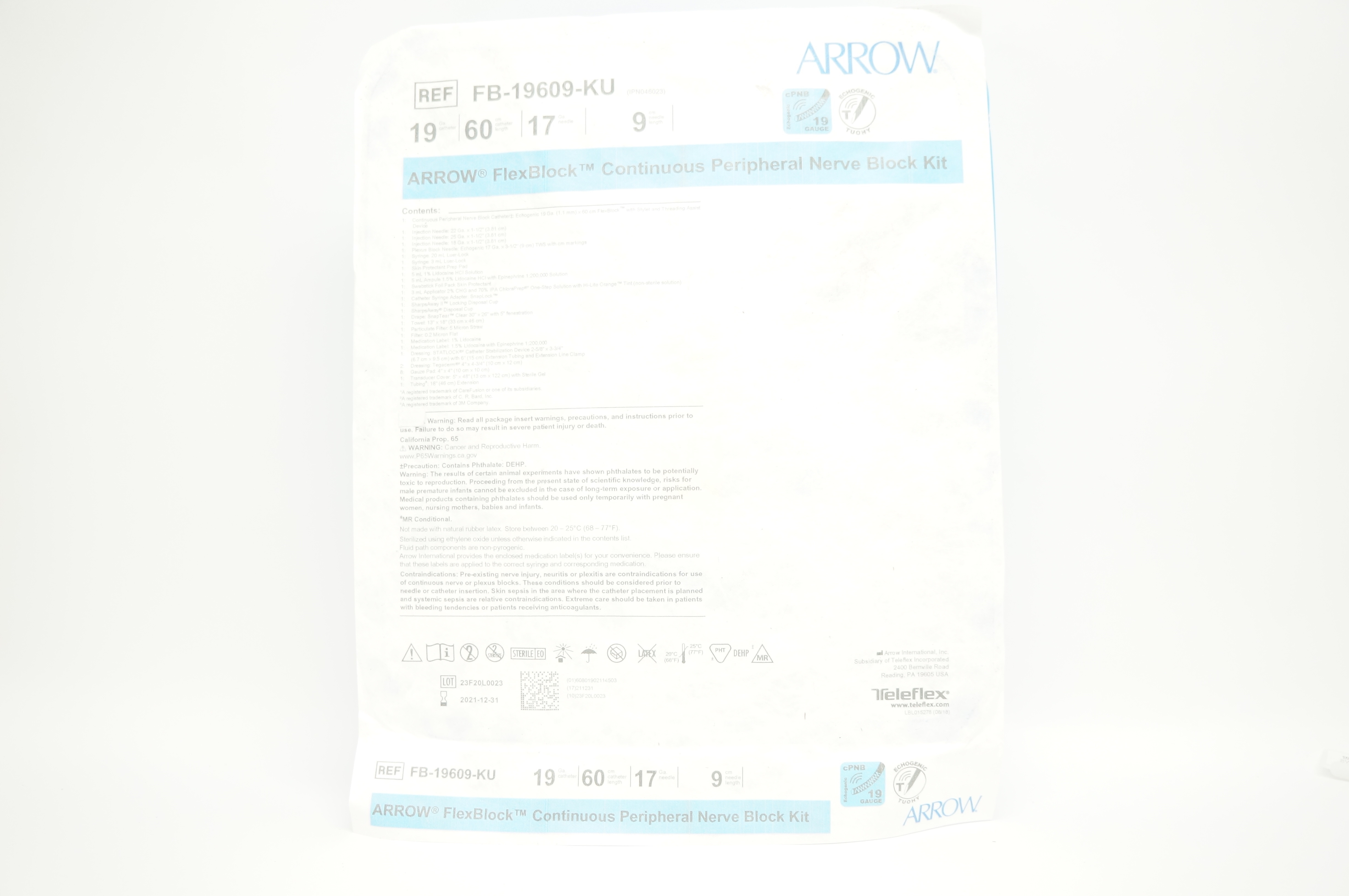 Arrow FB-19609-KU FlexBlock Peripheral Nerve Block Kit 19Ga x 60cm x 17Ga x 9cm