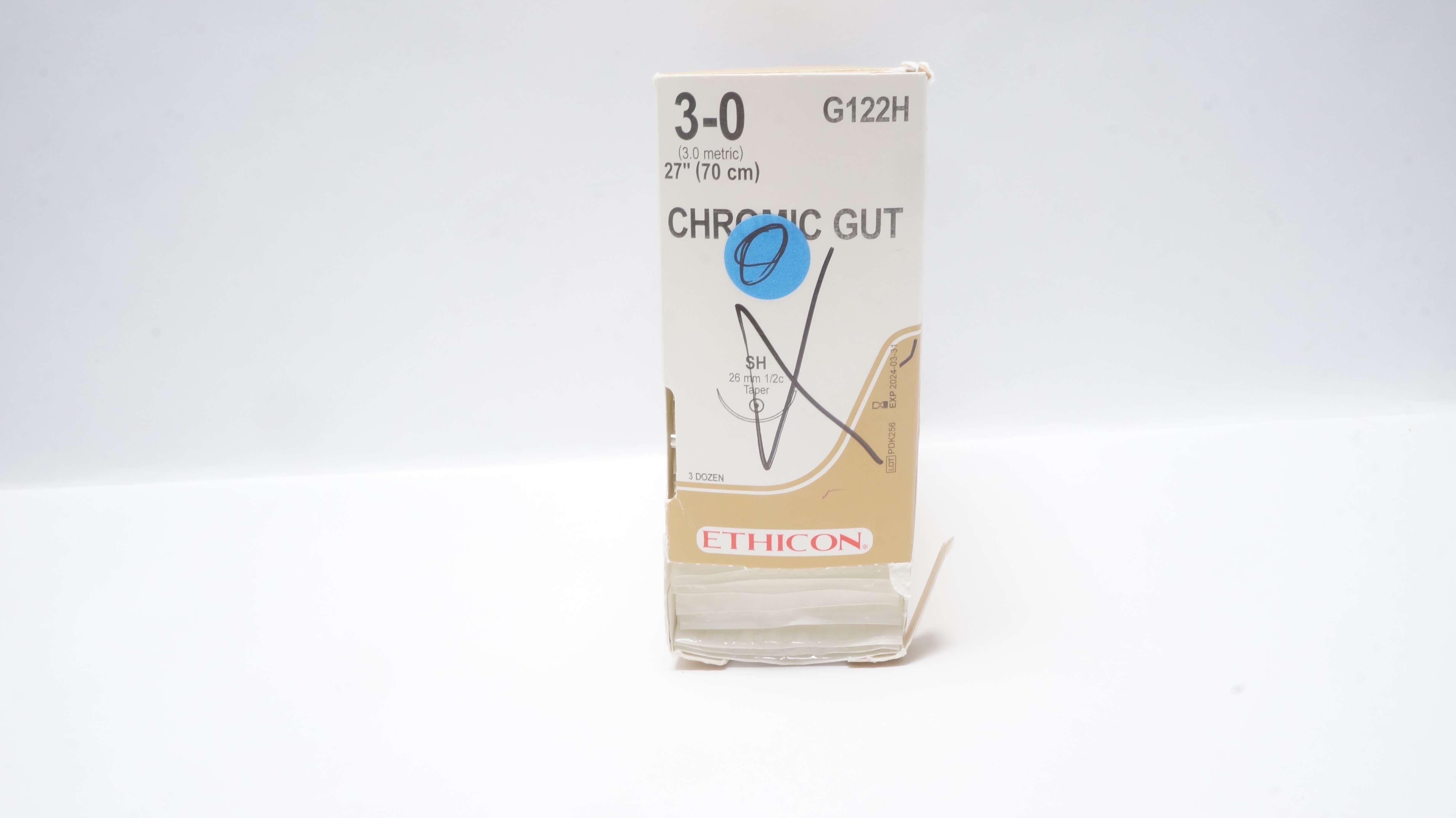 Ethicon G122H 3-0 CHROMIC GUT Stre SH 26mm 1/2c Taper, 27inch (x) - Box of 30