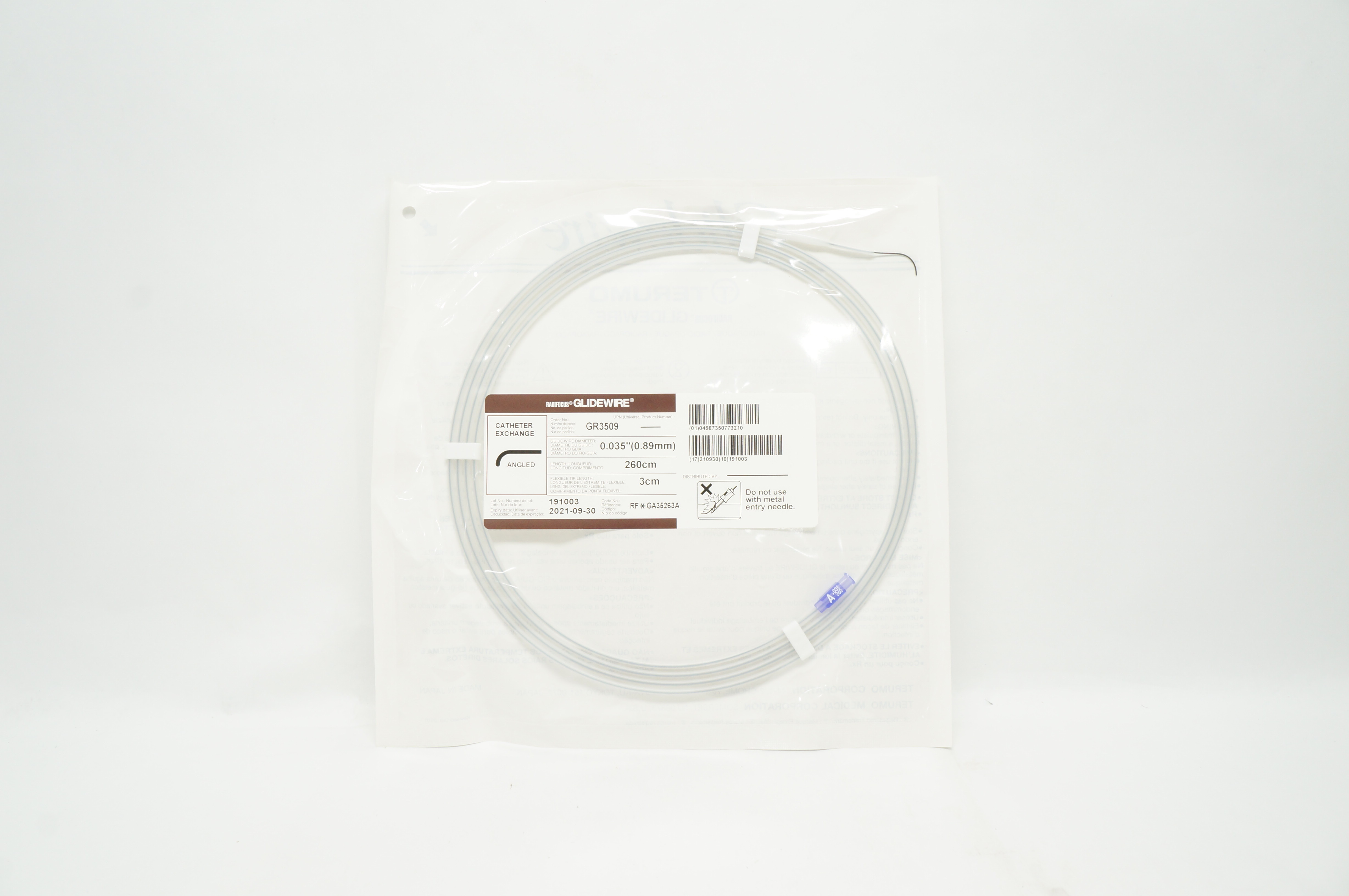 Terumo GR3509 Radifocus Glidewire Cath. Exchange Angled 0.035inch x 260cm