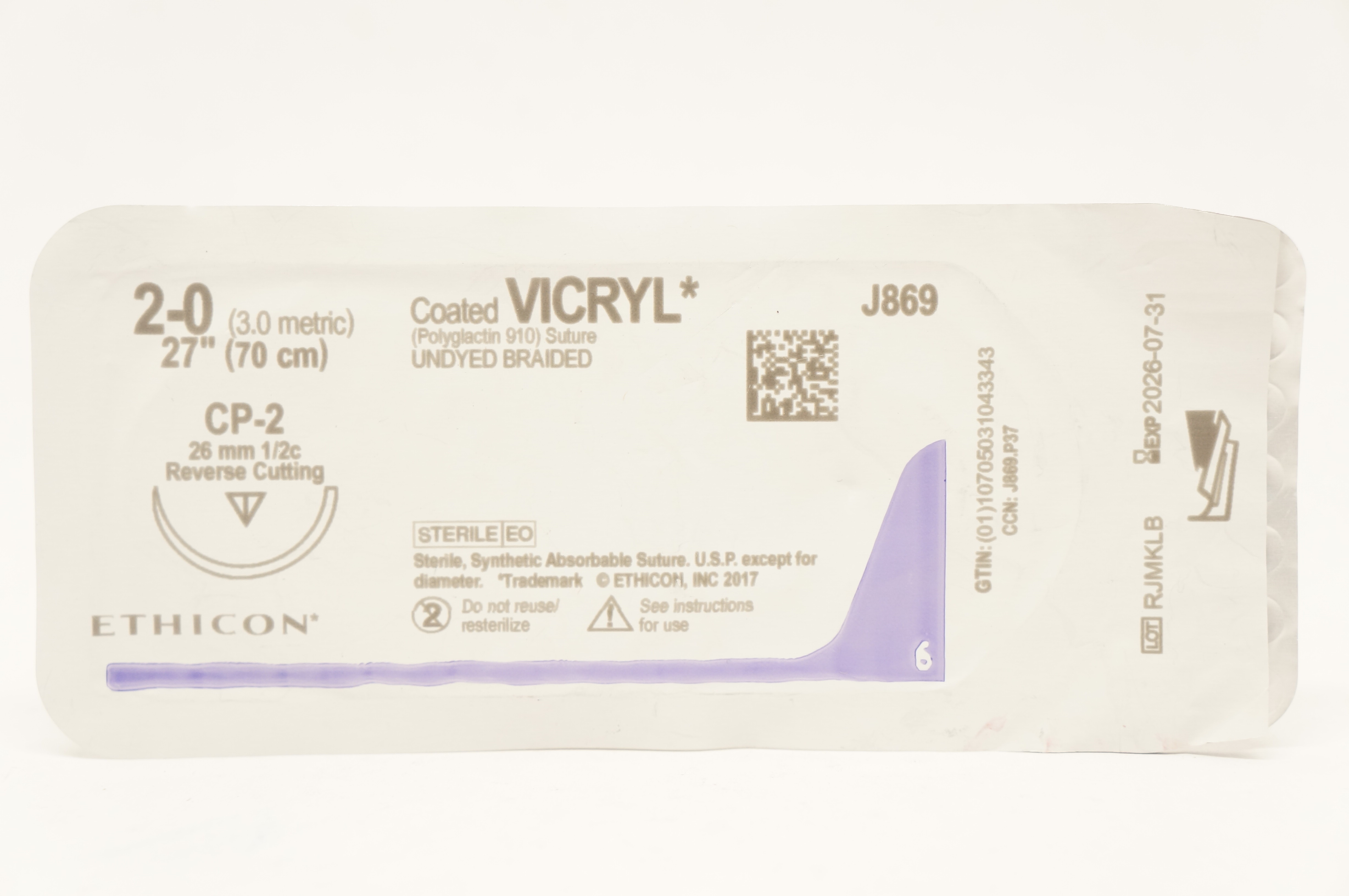 Ethicon J869 2-0 Coated Vicryl, CP-2, 26mm 1/2c Reverse Cutting, 27inch