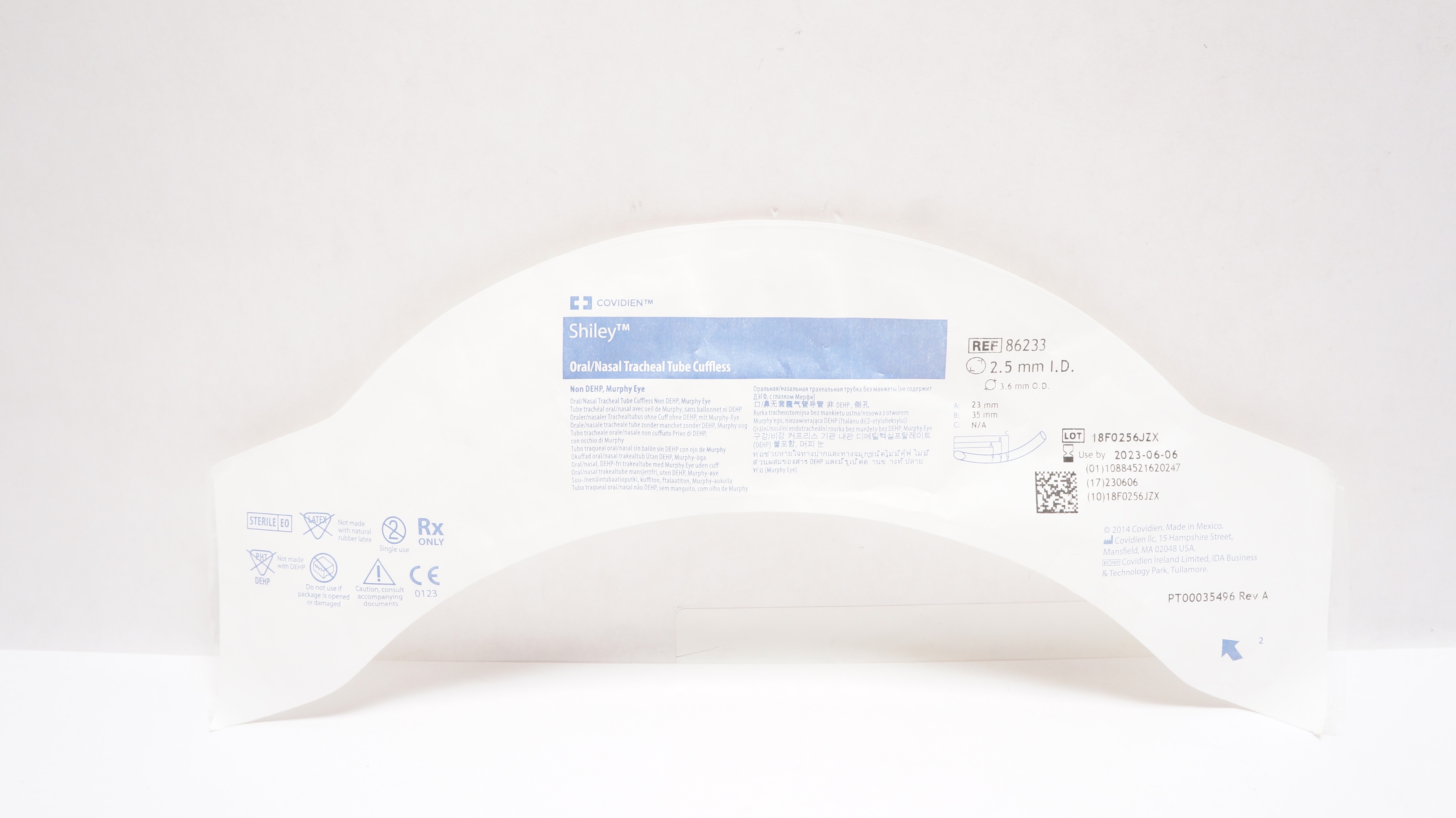 Covidien 86233 Shiley Oral/Nasal Tracheal Tube Cuffless 2.5mm ID x 3.6mm OD(x)