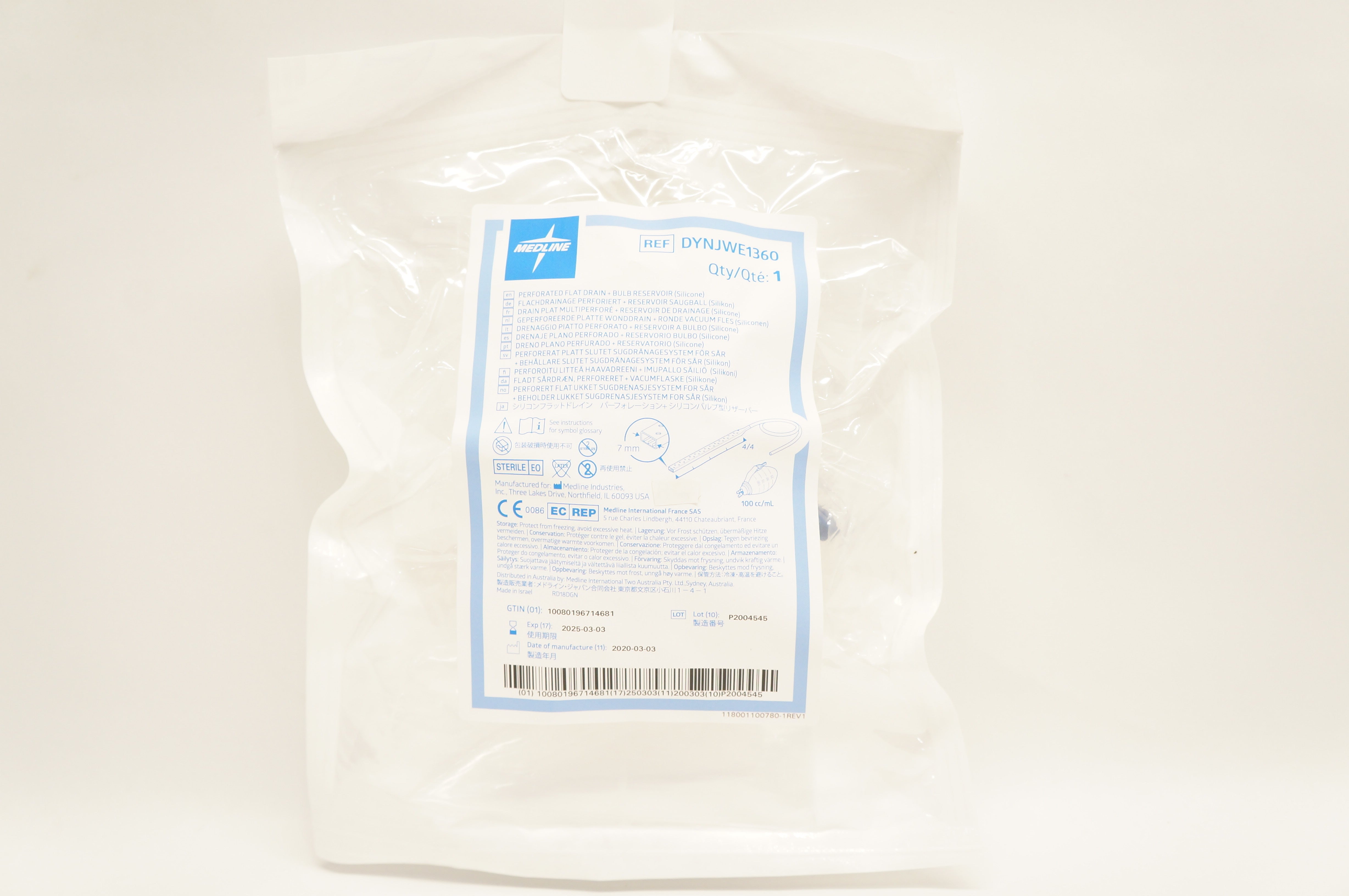 Medline DYNJWE1360 Perforated Flat Drain Bulb Reservoir Silicone