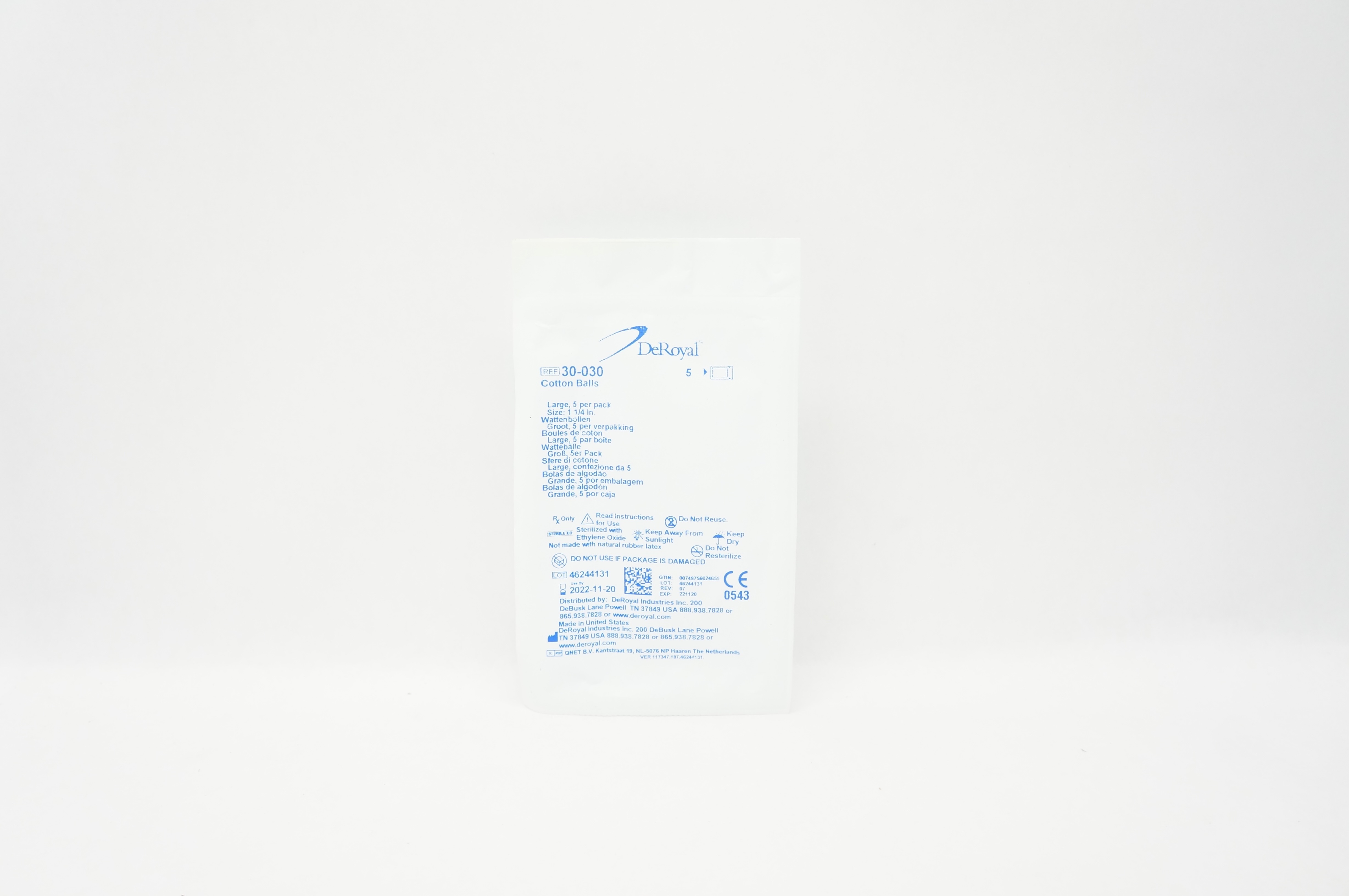 DeRoyal 30-030 Cotton Balls Large, Size 1-1/4inch - Pack of 5