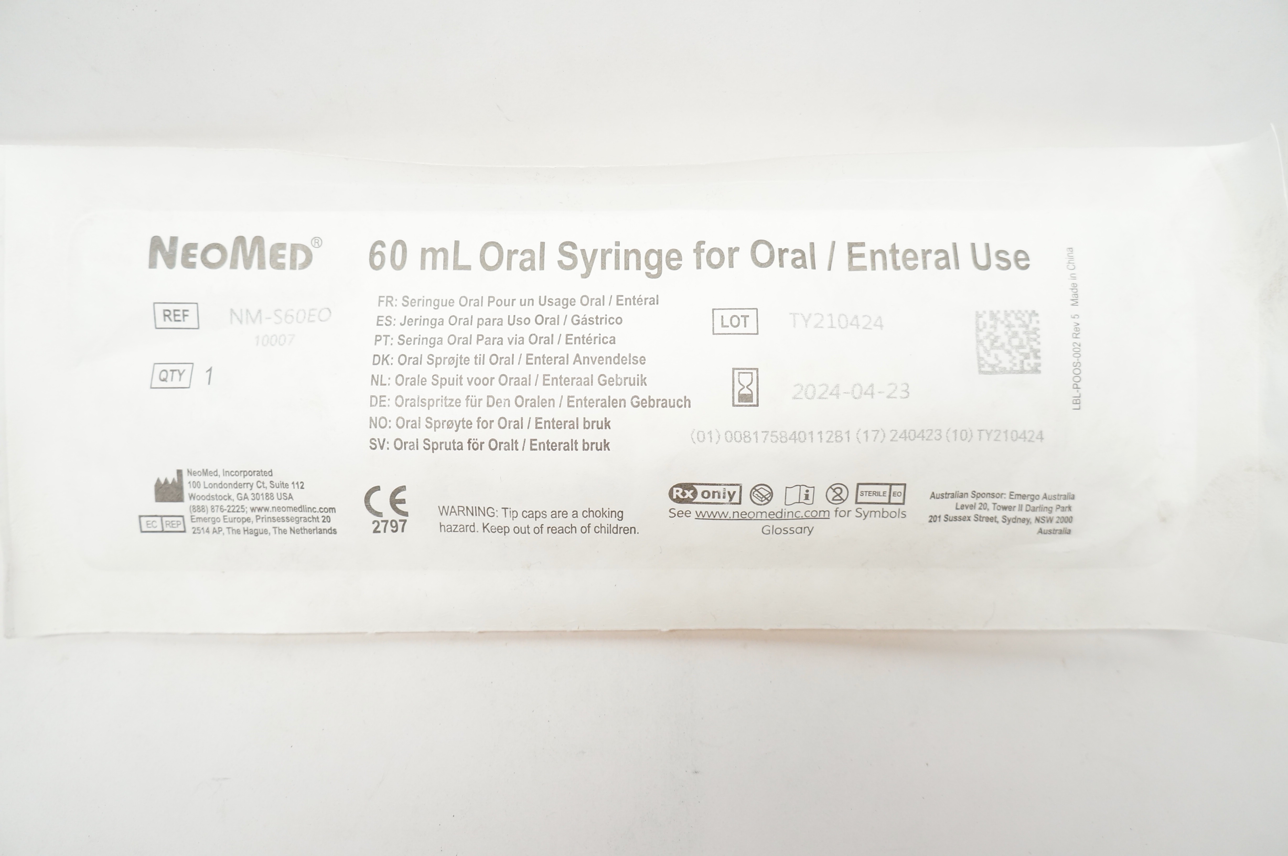NeoMed NM-S60EO Oral Syringe for Oral/Enteral Use 60mL