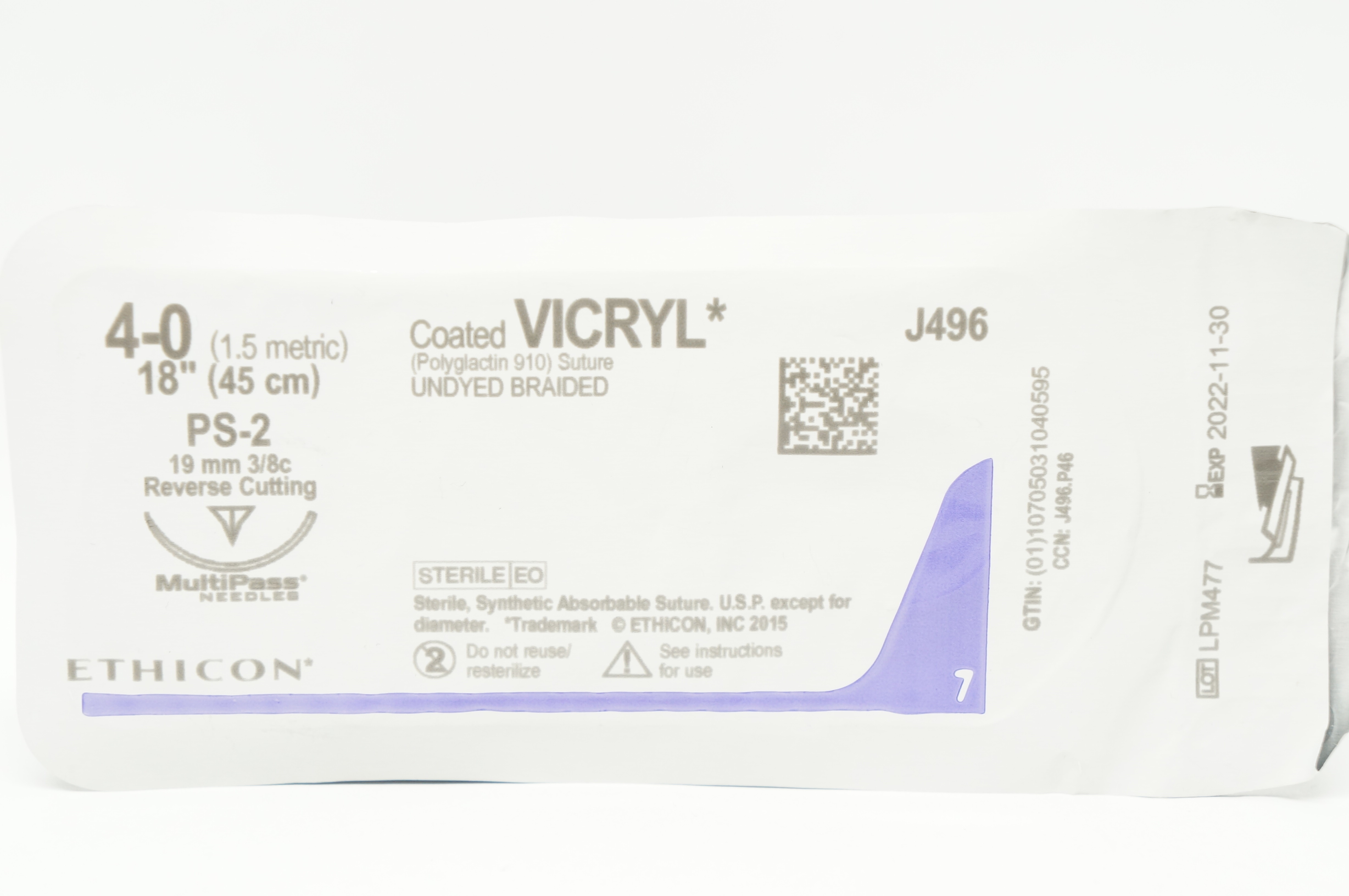 Ethicon J496 4-0 Coated VICRYL Stre PS-2 19mm 3/8c Reverse Cutting 18inch