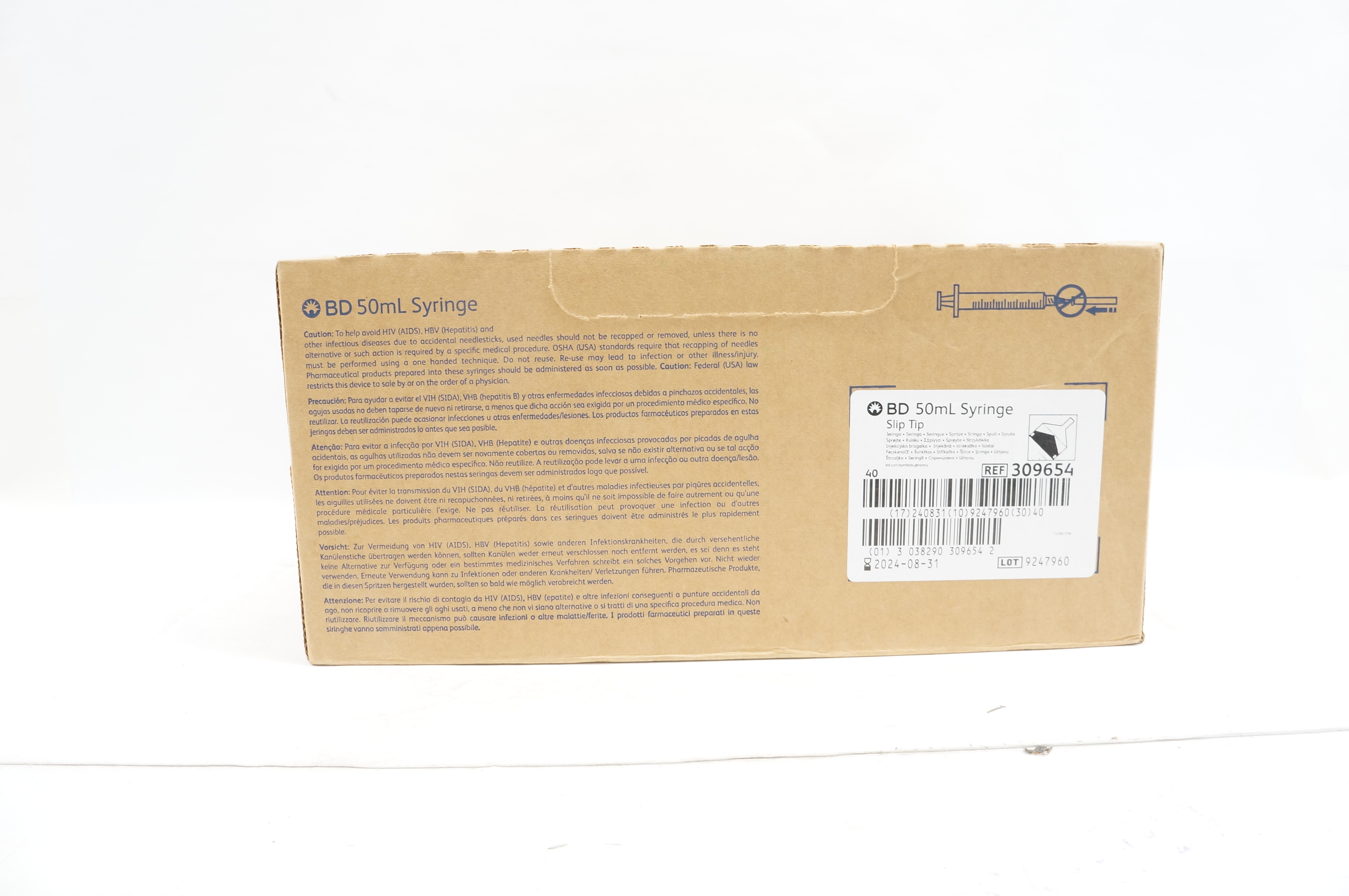 BD 309654 Slip Tip Syringe 60ml - Box of 40