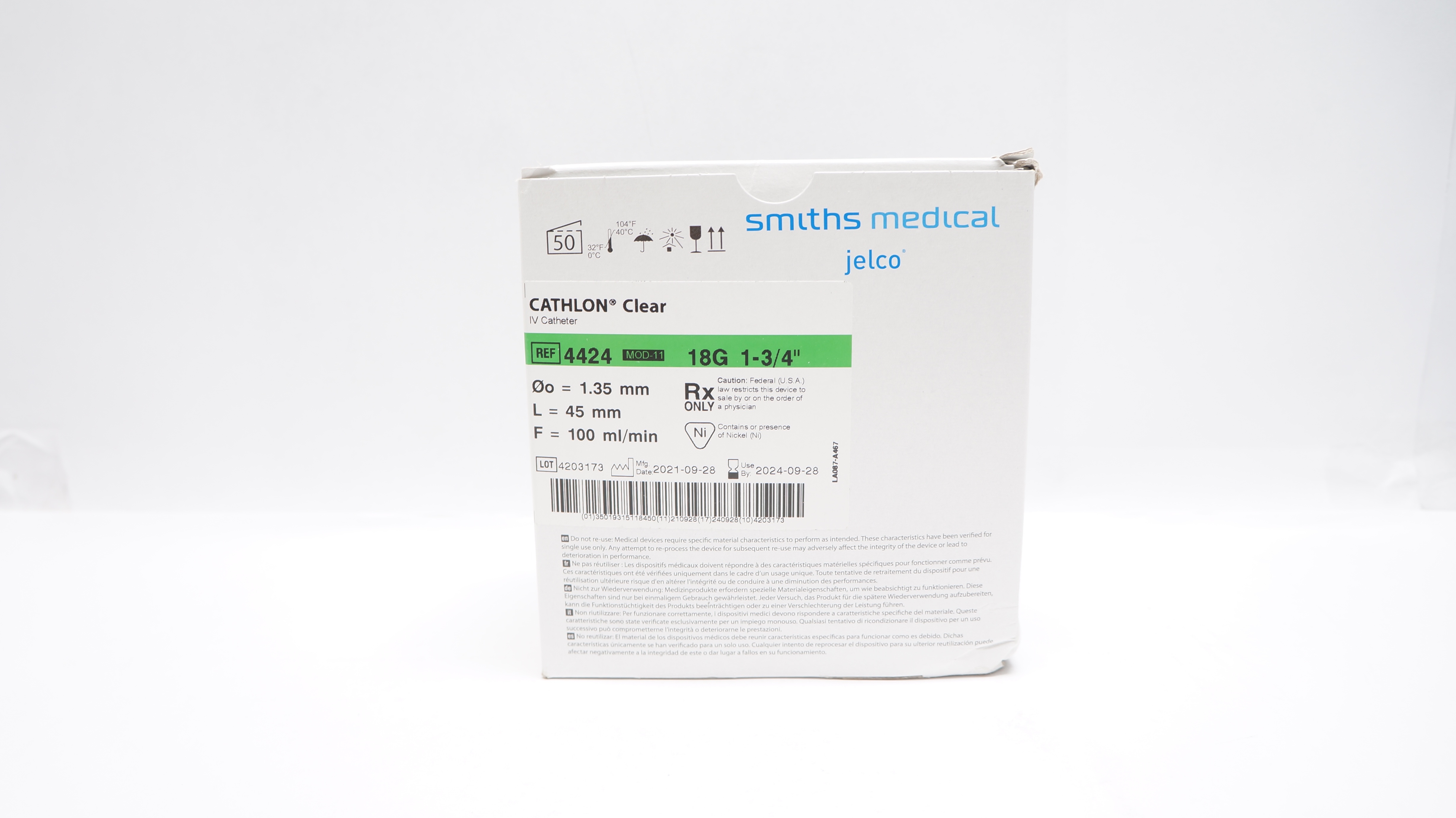 Smiths Medical 4424 Cathlon Clear I.V. Cath.18G x 1-3/4inch 100ml/min -Box of 50