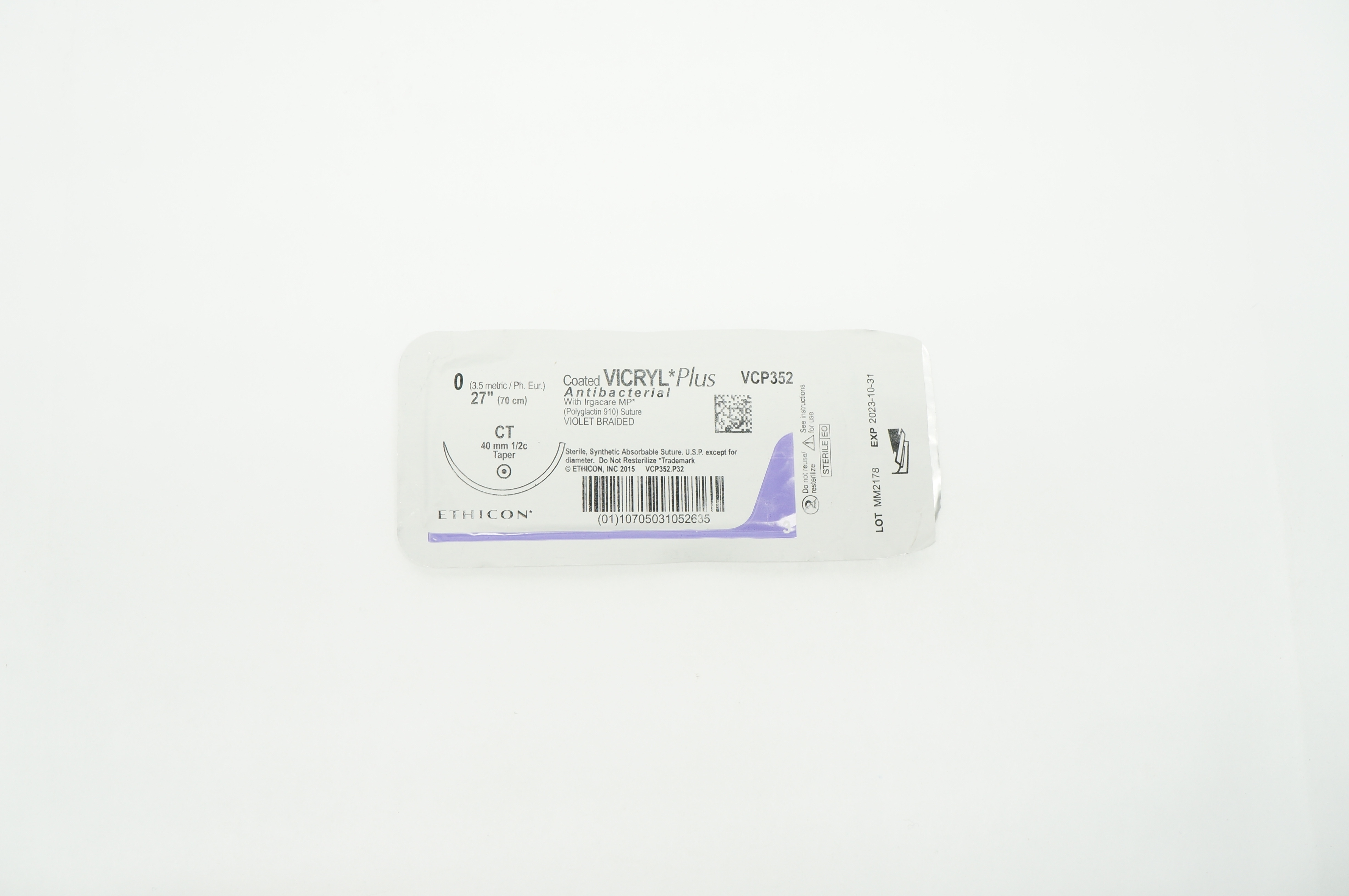 Ethicon VCP352 0 VICRYL PLus, CT 40mm 1/2c Taper 27 inch