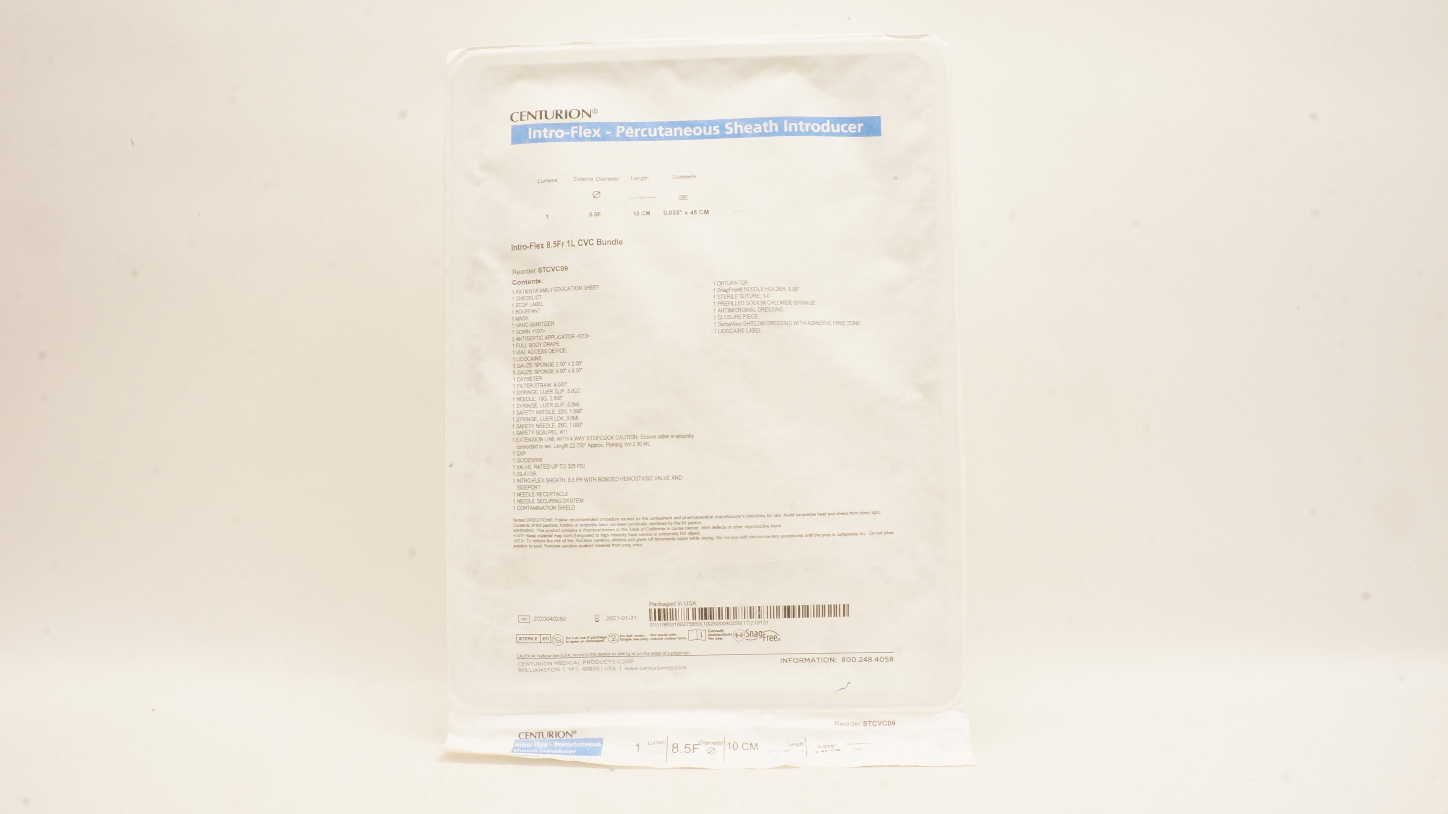 Centrum STCVC09 Intro-Flex Percutaneous Sheath Introducer 1 Lumen 8.5F x10cm (x)