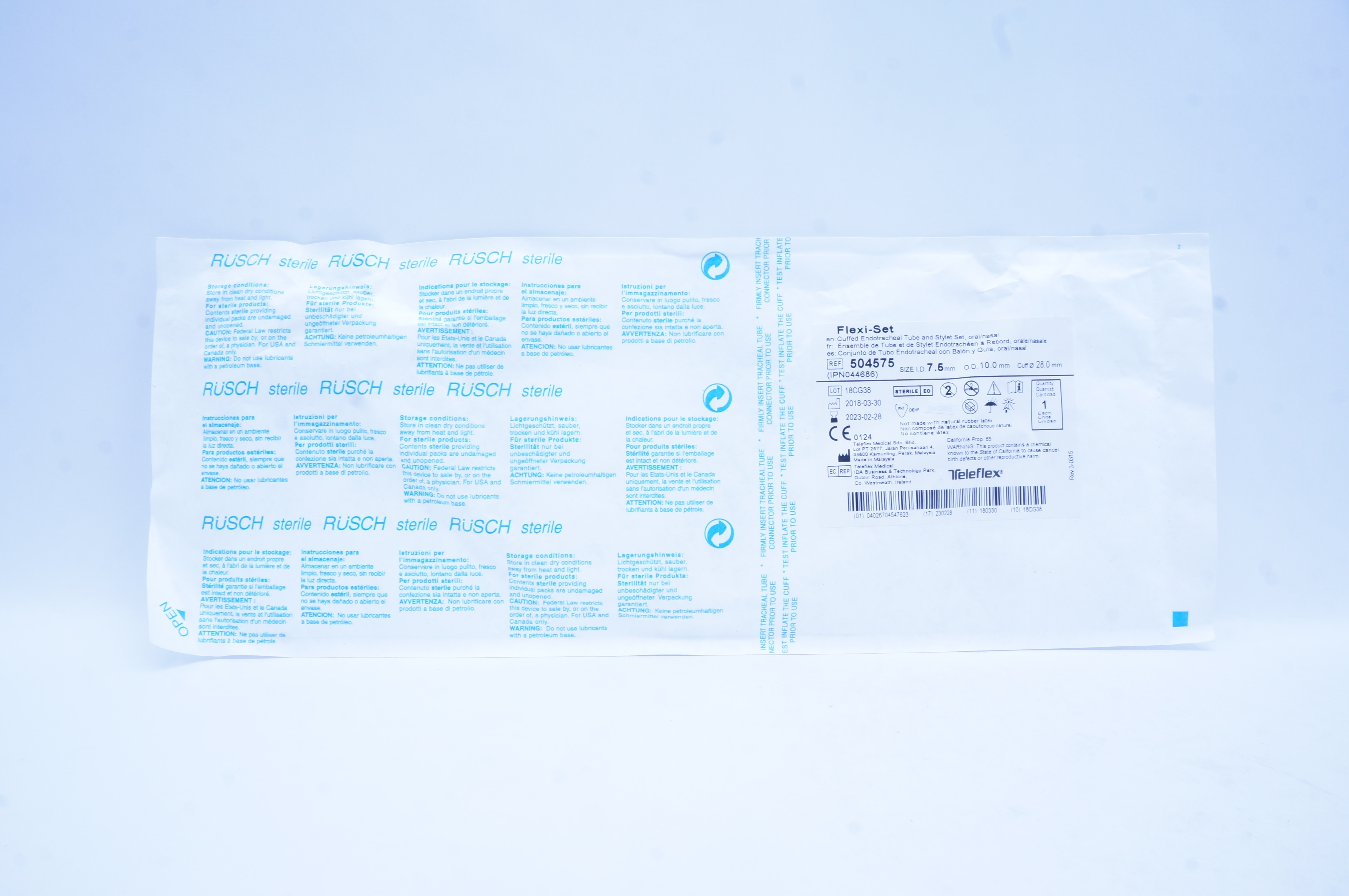 Teleflex 504575 Flexi-Set Endotracheal Tube & Stylet Set 7.5 ID x 10.0 OD x 28mm