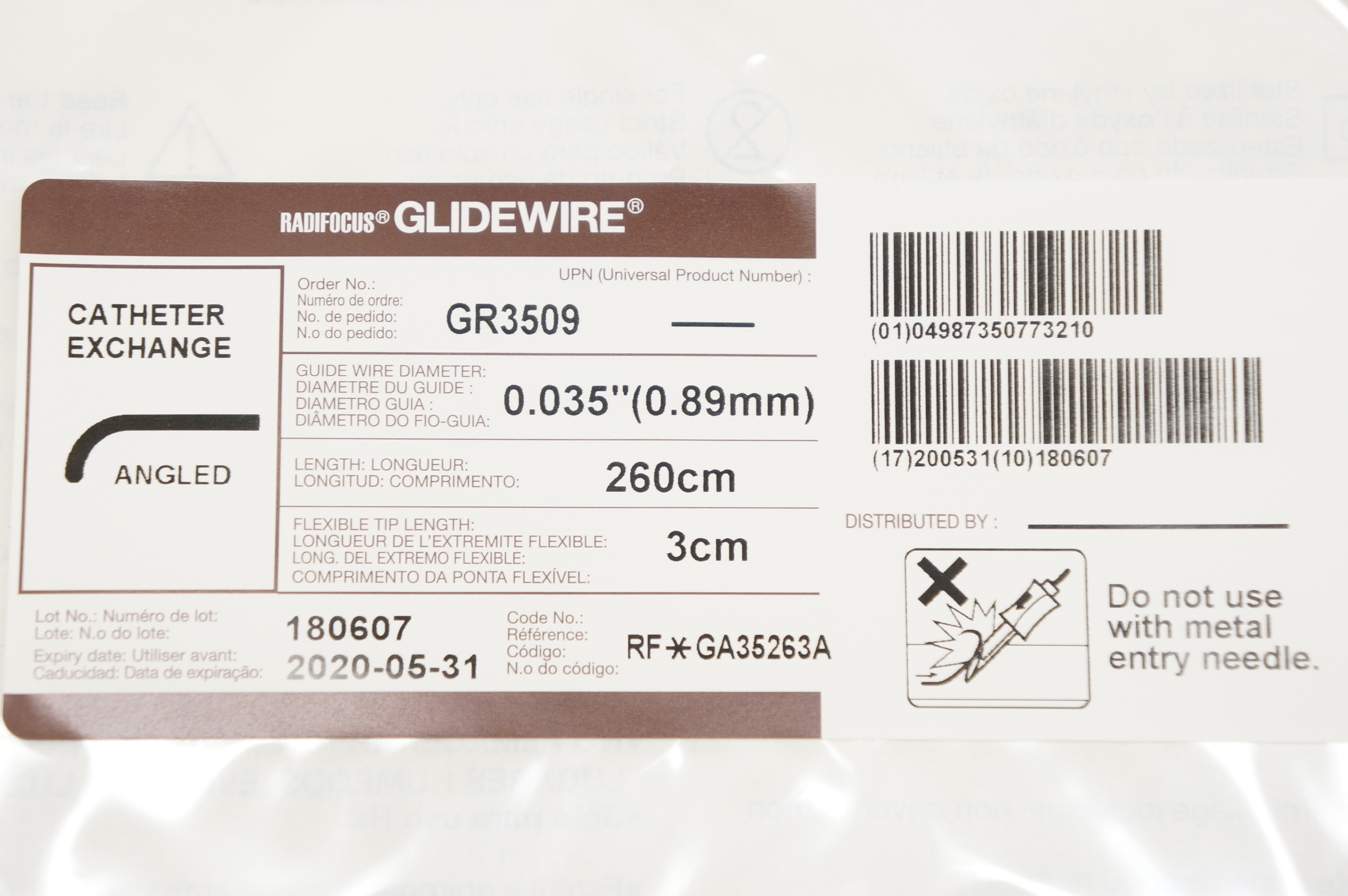 Terumo GA35263A Radifocus GLIDEWIRE Cath. 0.035inch x 260cm x 3cm (x)