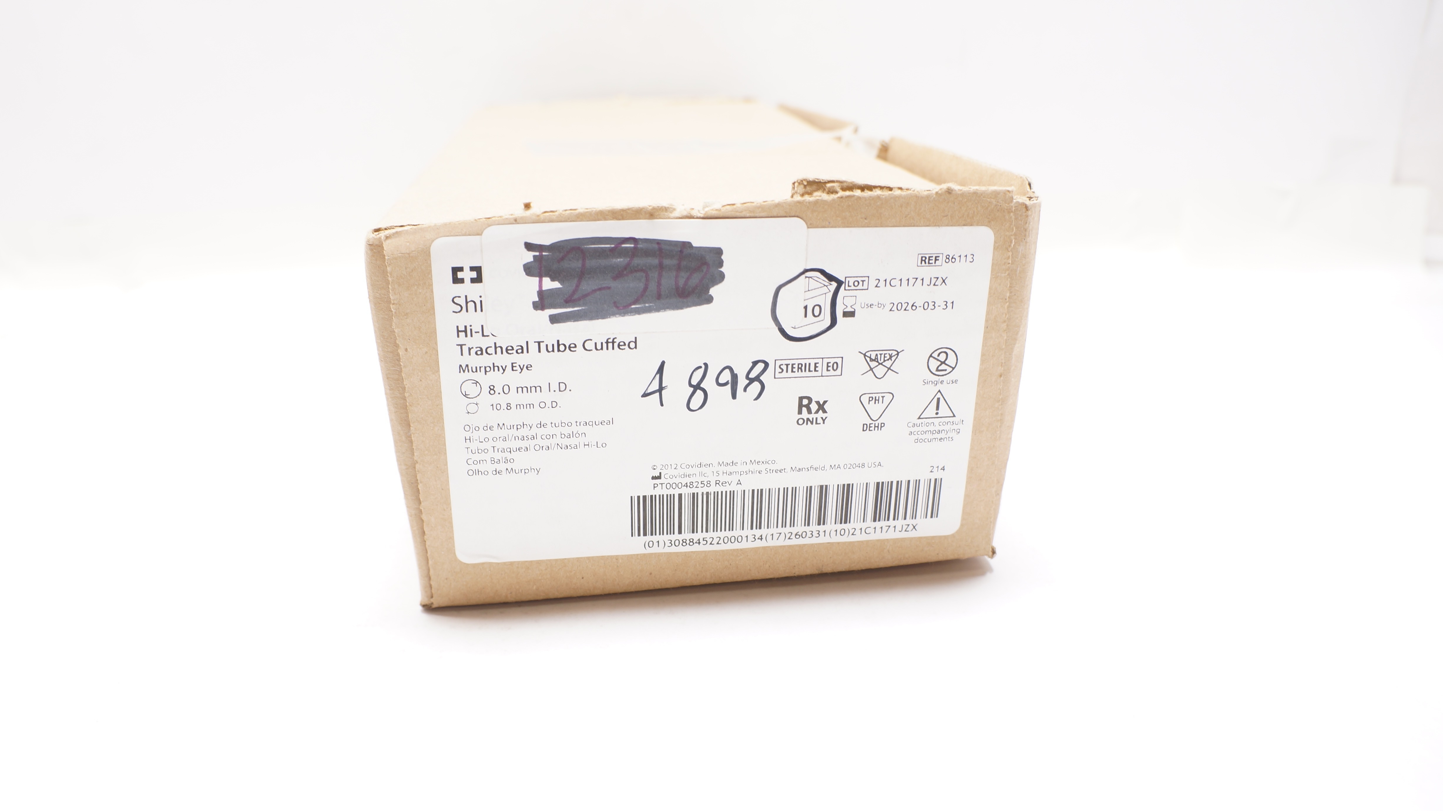 Covidien 86113 Shiley Hi-Lo Oral/Nasal Tracheal Tube Cuffed 8.0x10.8mm-Box of 10