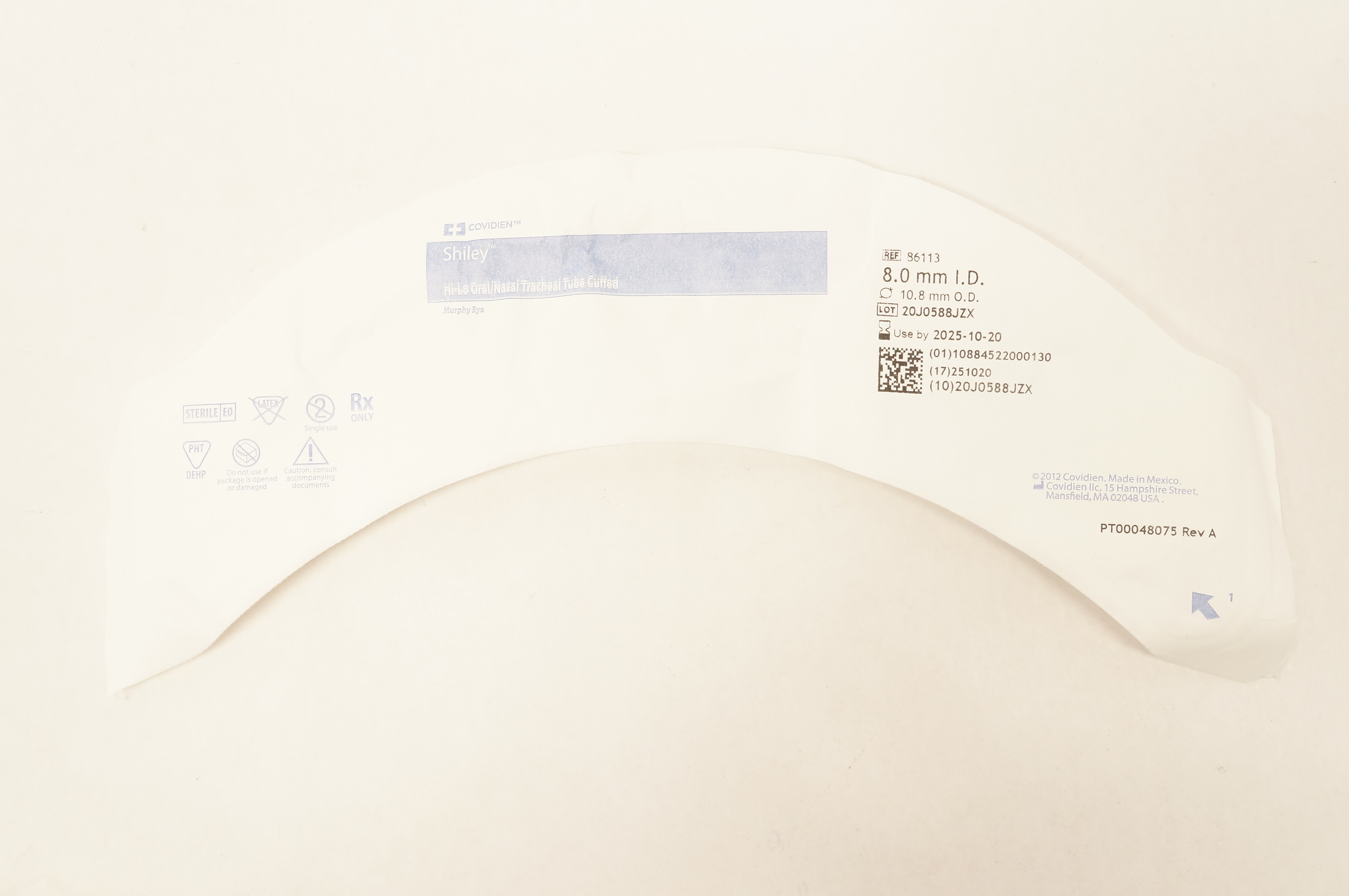 Covidien 86113 Shiley Hi-Lo Oral/Nasal Tracheal Tube 8.0 ID x 10.8mm OD