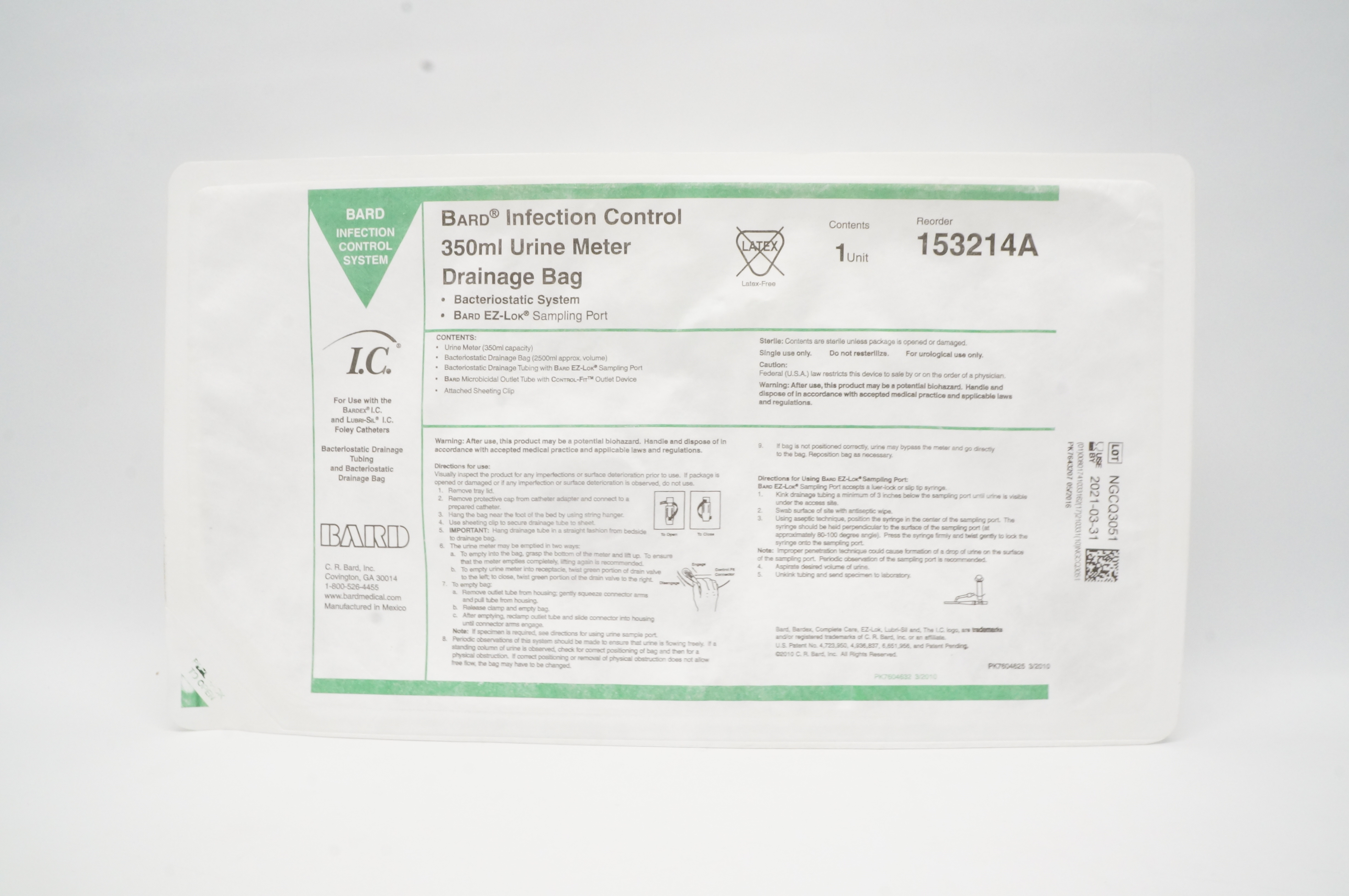 Bard 153214A Infection Control  Urine Meter Drainage Bag 350 ml
