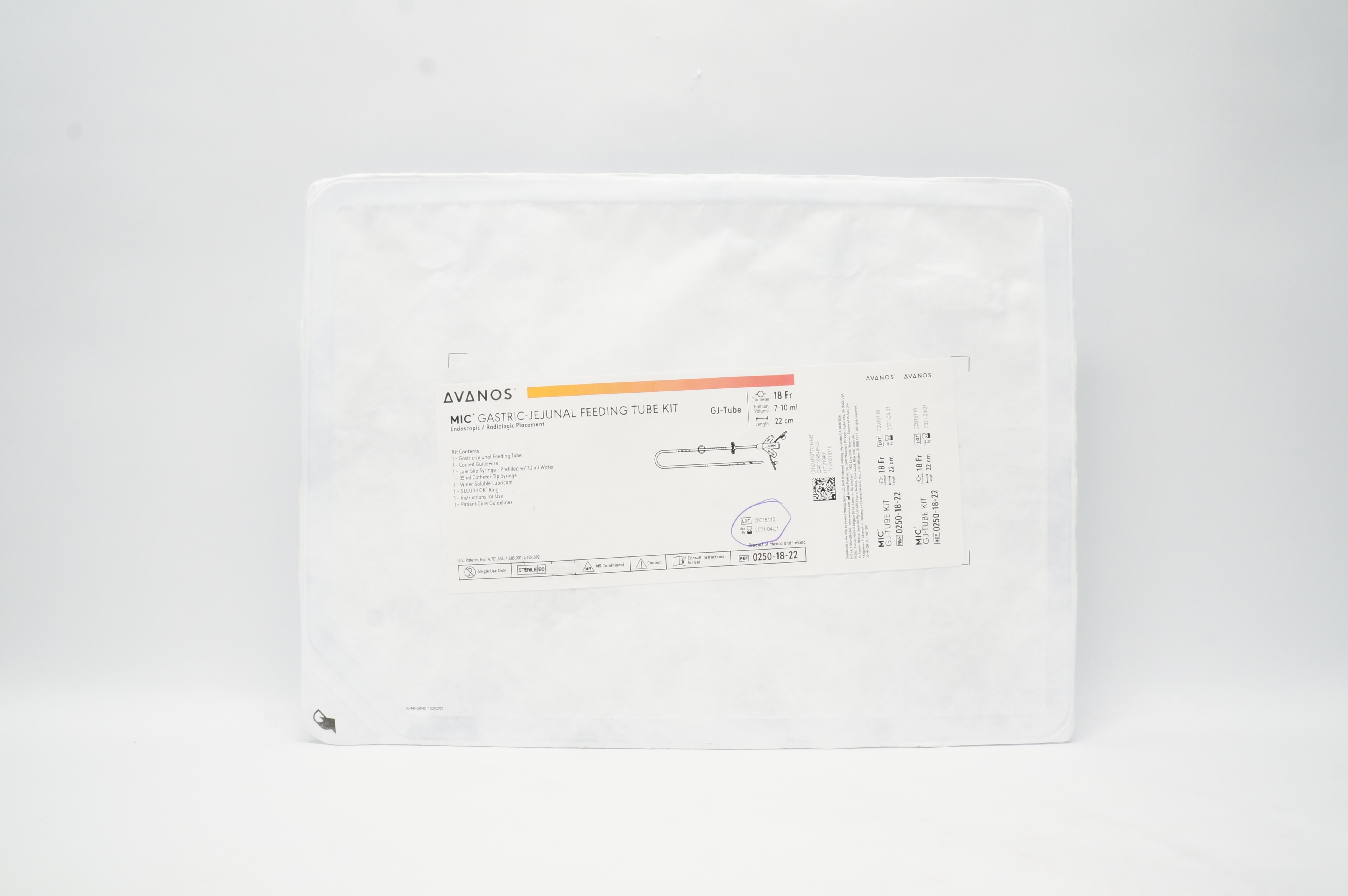 Halyard 0250-18-22 MIC Gastric-Jejunal Feeding Tube Kit 18Fr x 22cm 7-10ml (x)