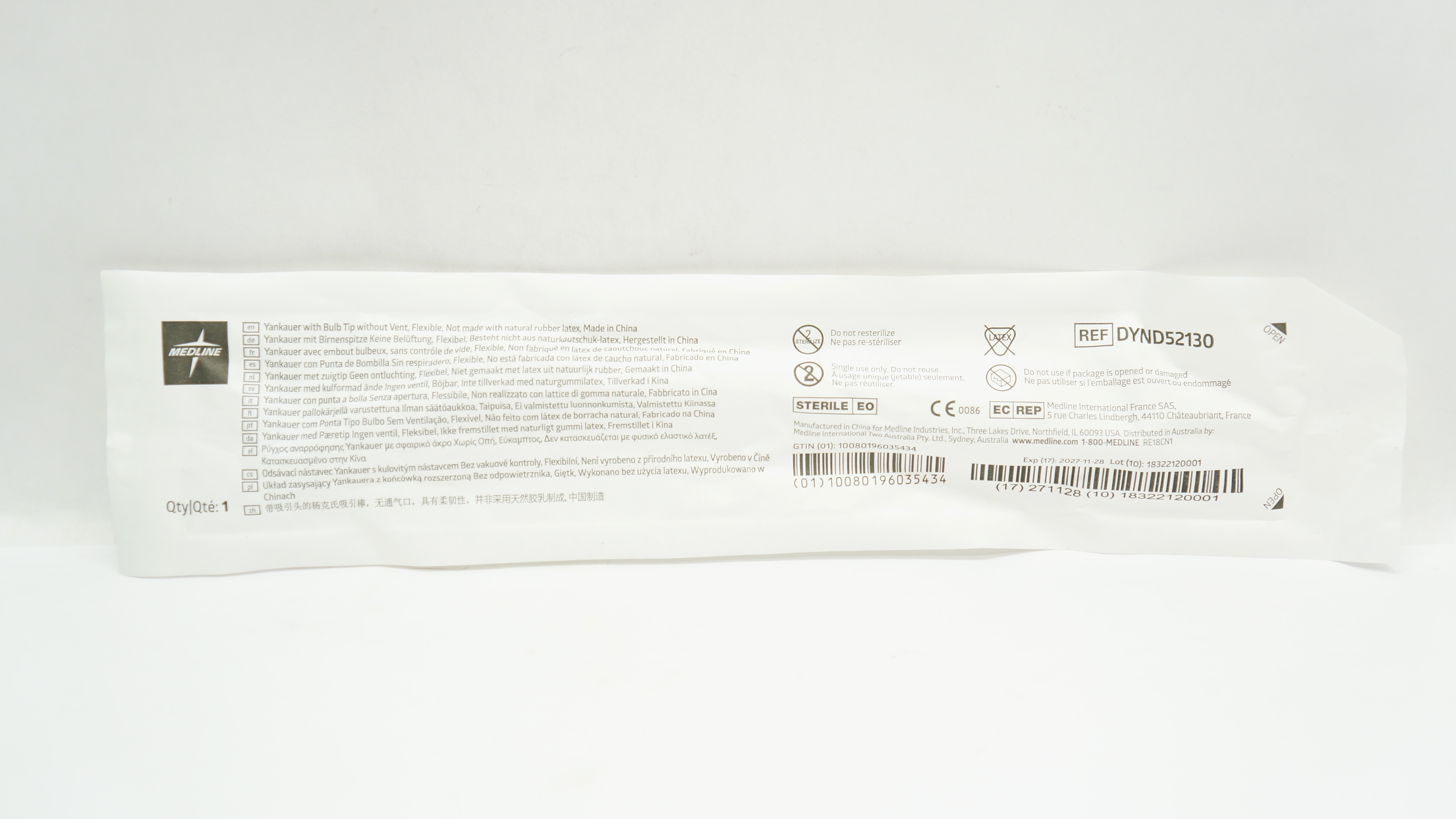 Medline DYND52130 Yankauer With Bulb Tip Without Vent Flexible