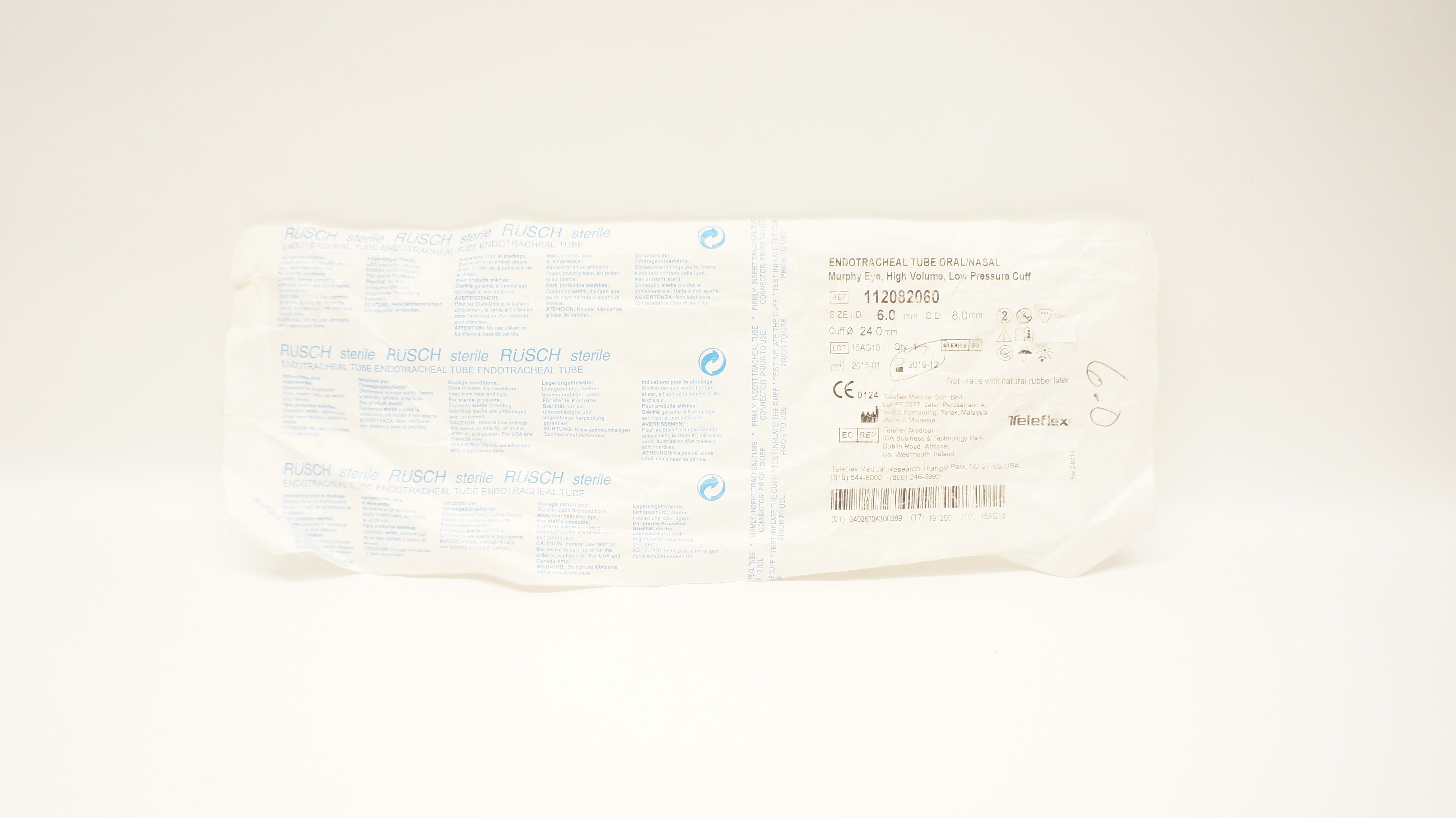 Teleflex 112082060 Rusch Endotracheal Tube 6.0mm ID x 8.0mm OD x 24.0mm (x)