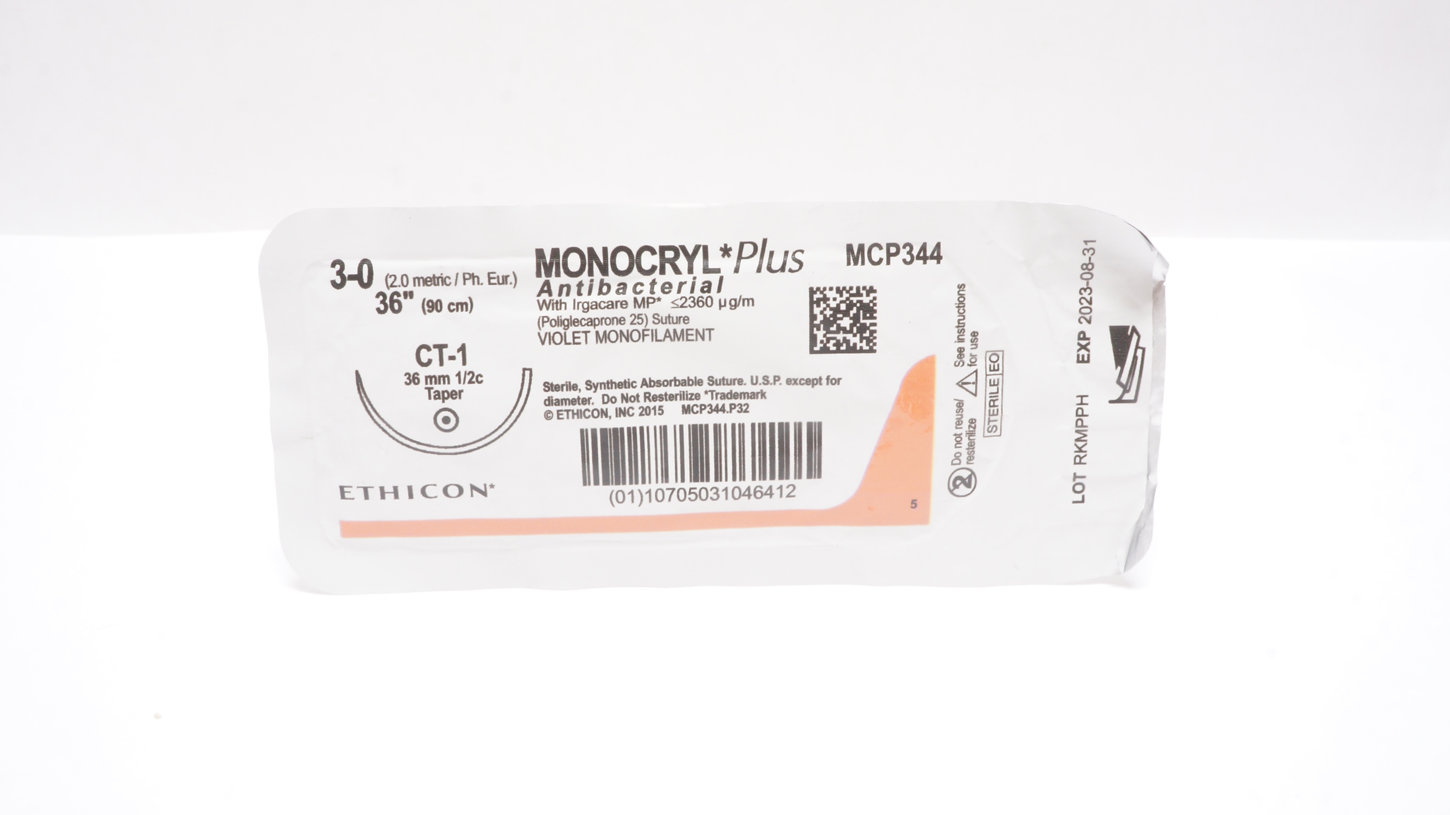 Ethicon MCP344 3-0 Monocryl Antibacterial Stre CT-1 36mm 1/2c Taper, 36inch (x)