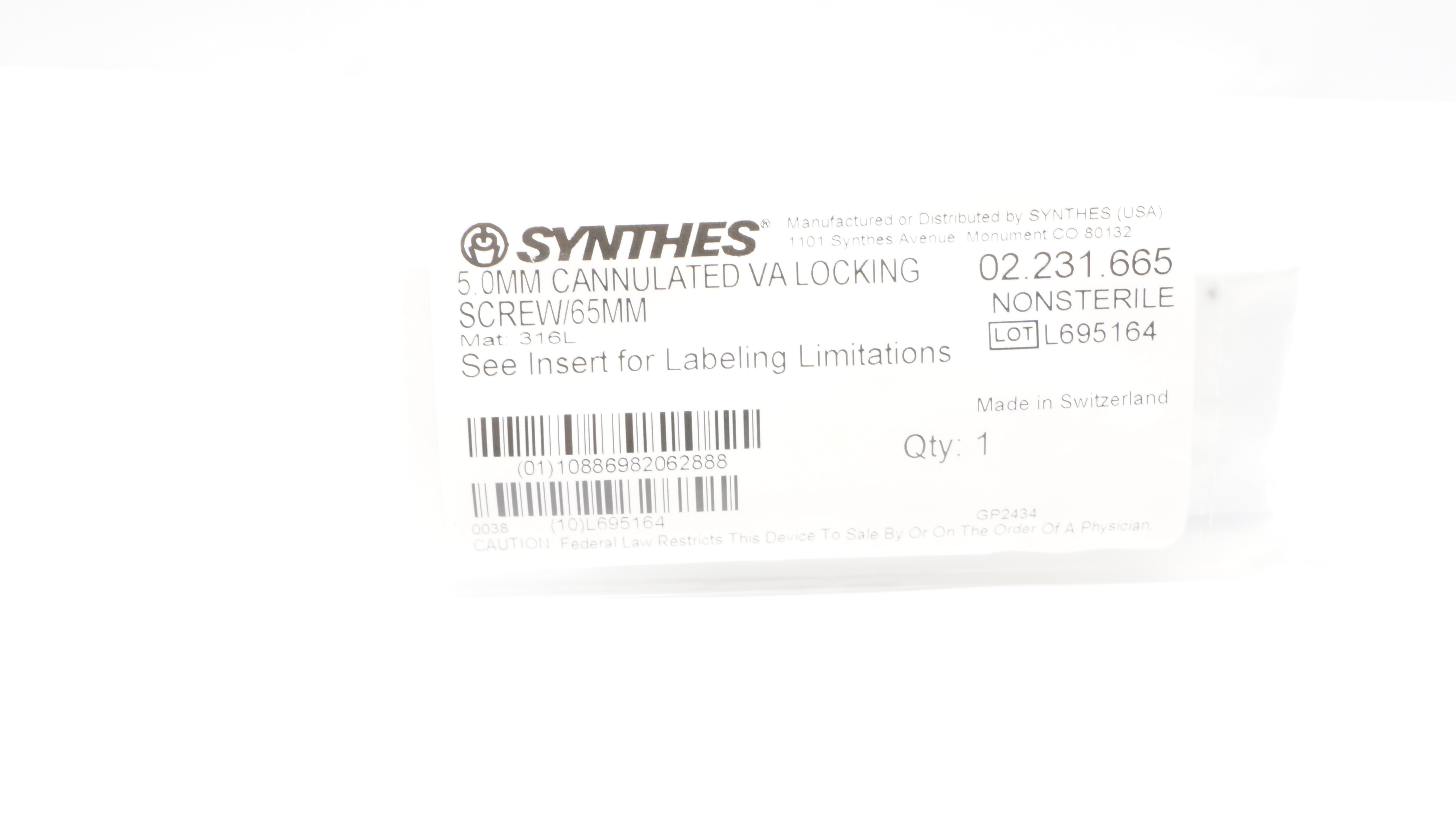 Synthes 02.231.665 5.0mm Cannulated VA Locking Screw/65mm