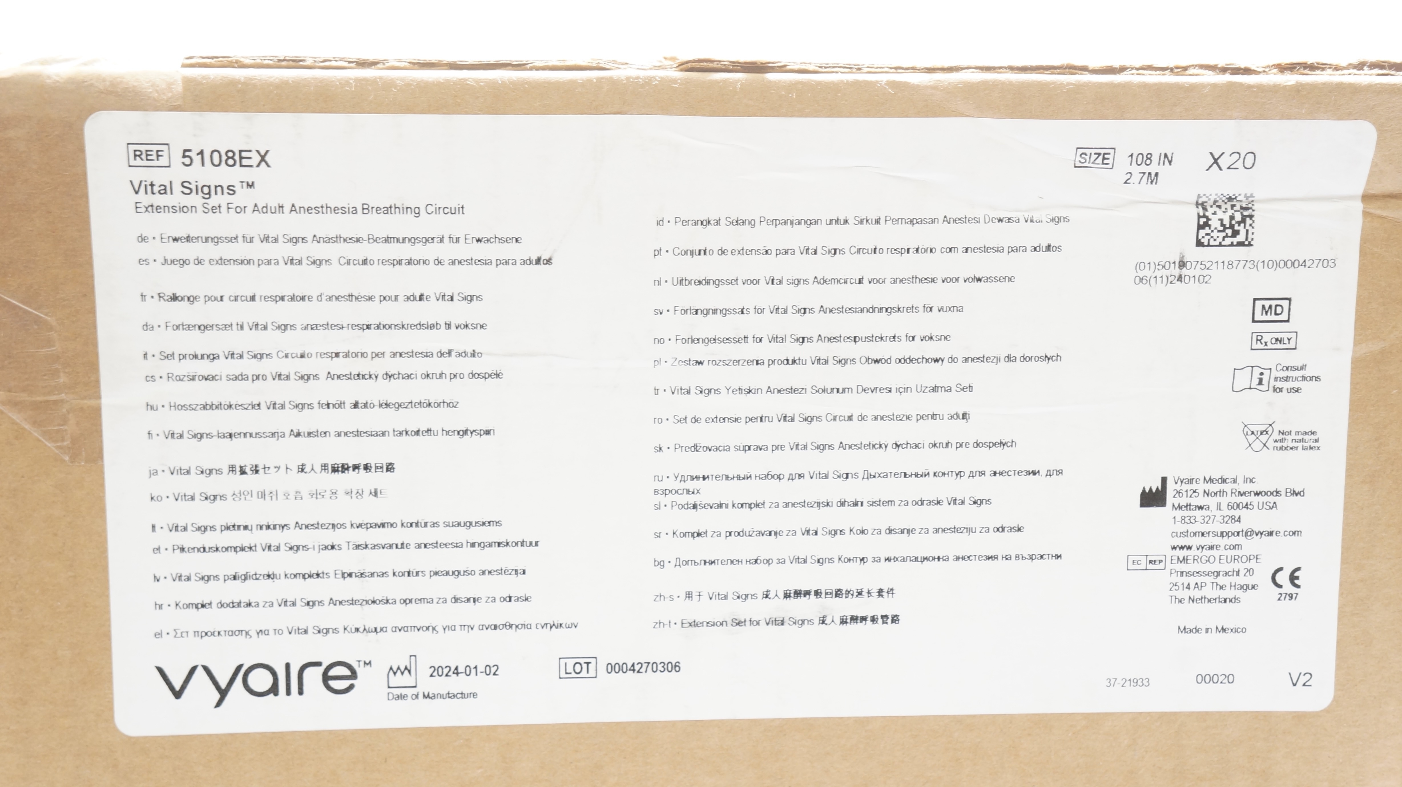 Vyaire 5108EX Vital Signs Extension Set Adult 108inch x 2.7m - Box of 20