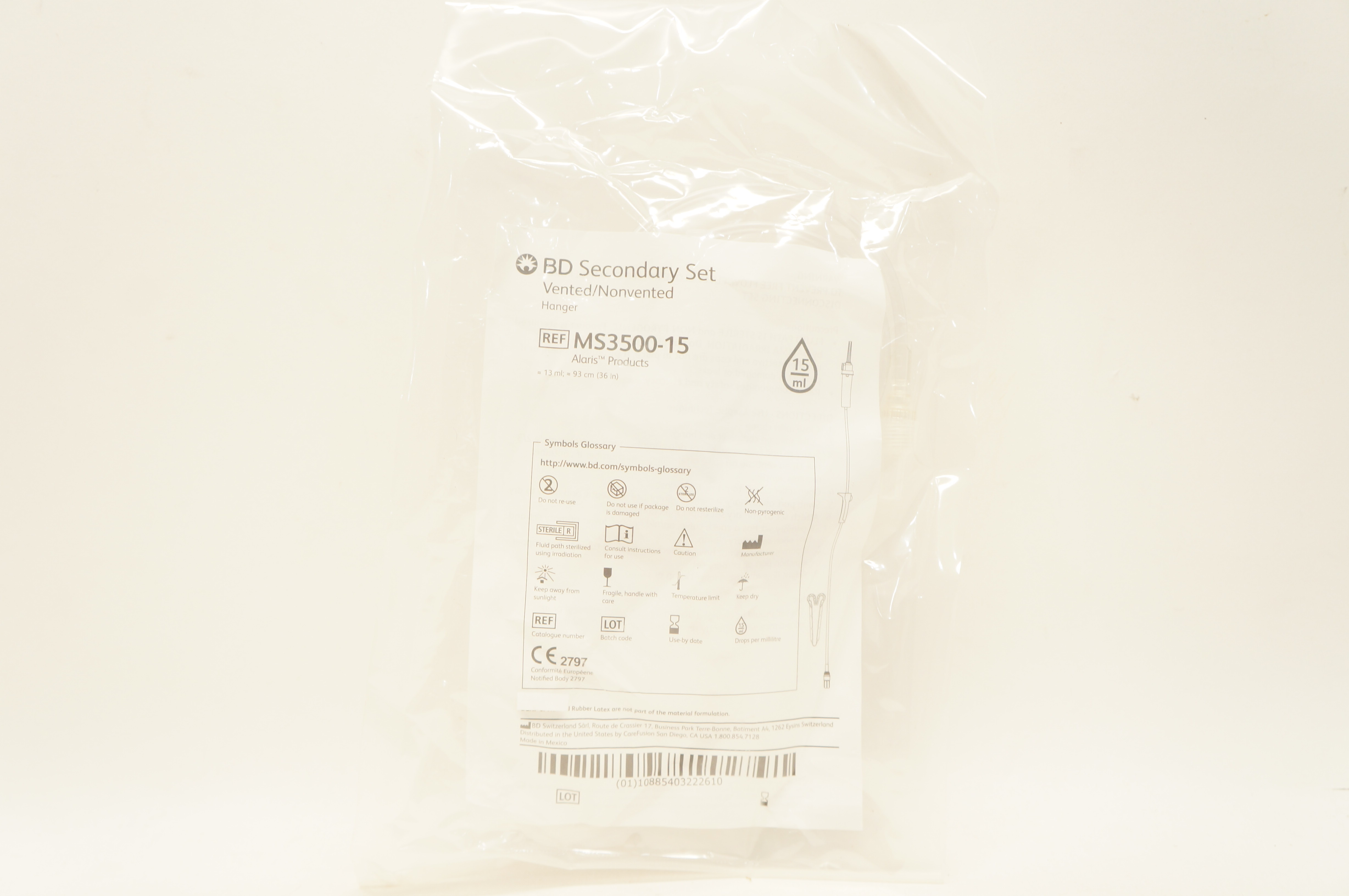 BD MS3500-15 Alaris Secondary Set Vented/Nonvented Hanger 13ml x 36 inch