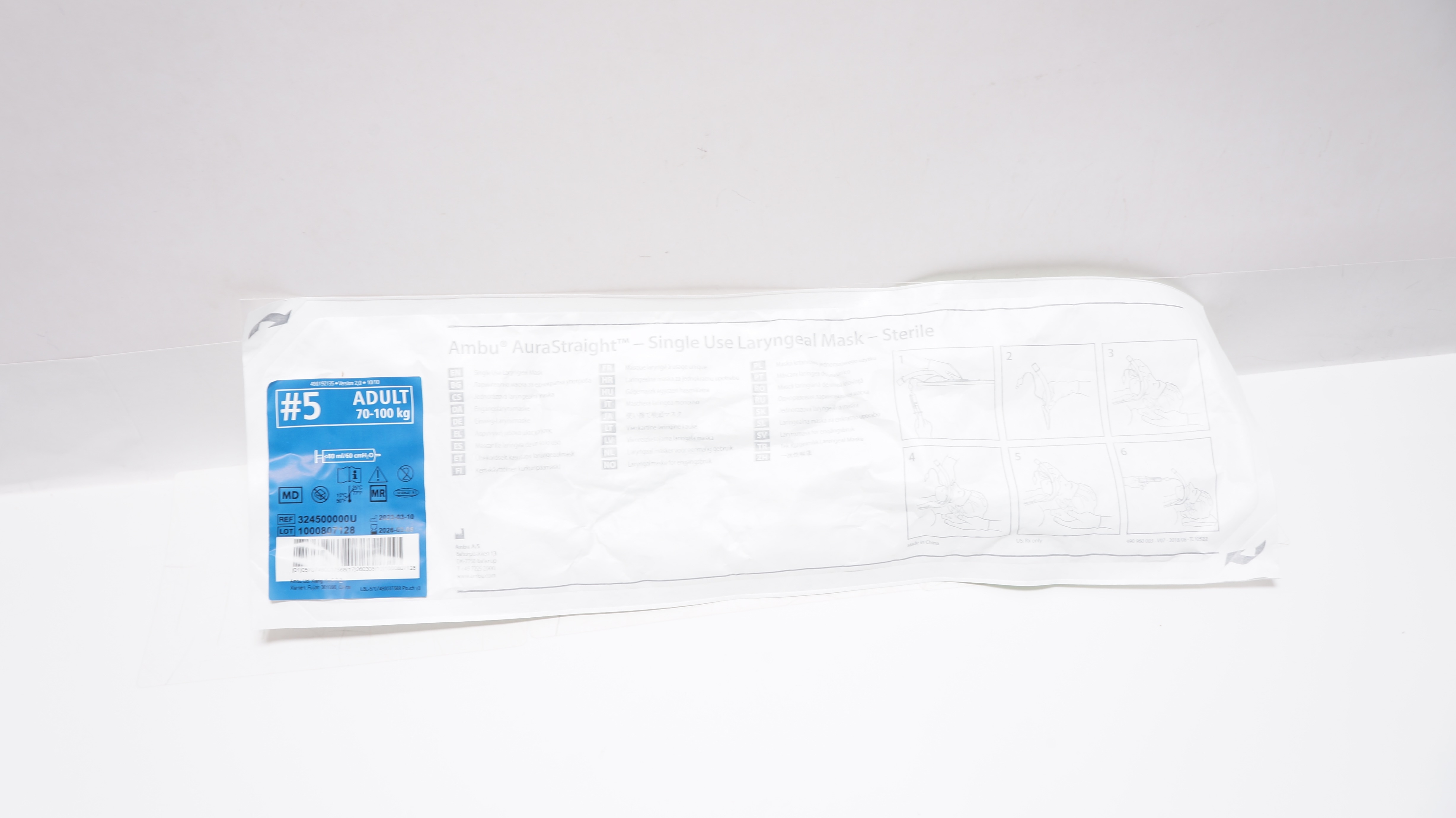 Ambu 324500000U AuraStraight Laryngeal Mask, Adult, Size 5, 70-100kg