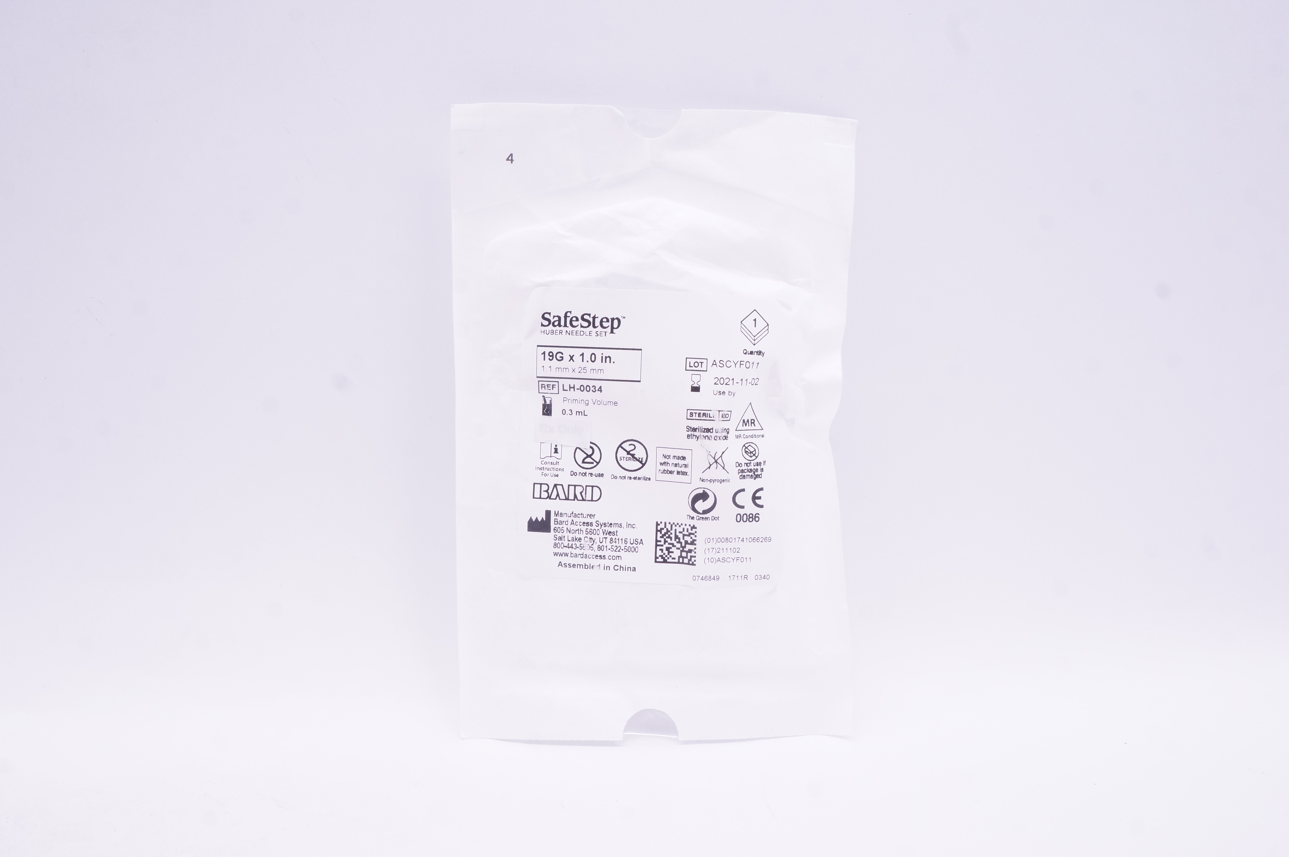 Bard LH-0034 SafeStep Huber Ndle Set 19G x 1.0 inch, Priming Volume 0.3 mL