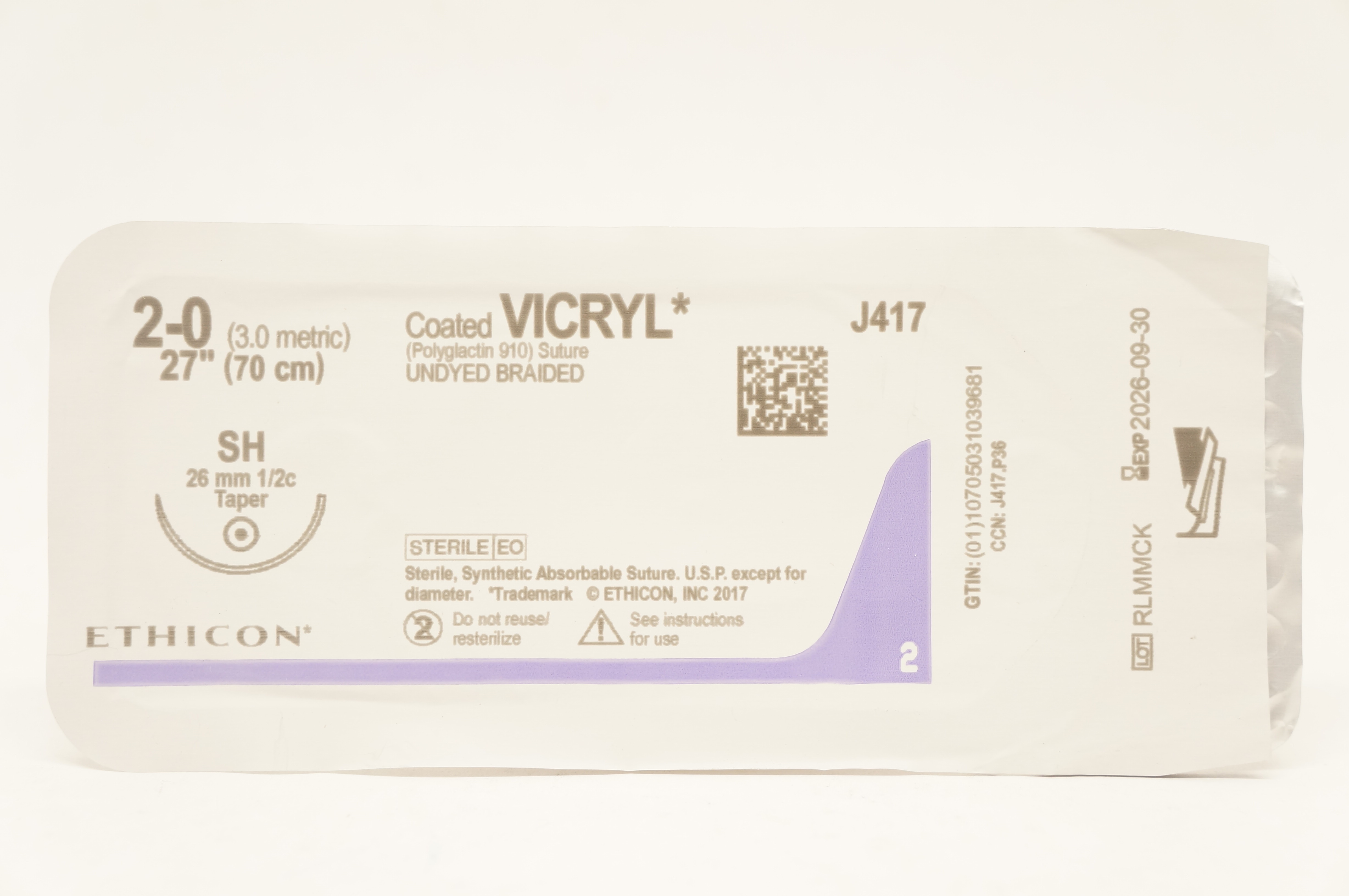 Ethicon J417 2-0 Coated VICRYL Polyglactin Stre SH 26mm 1/2c Taper 27inch