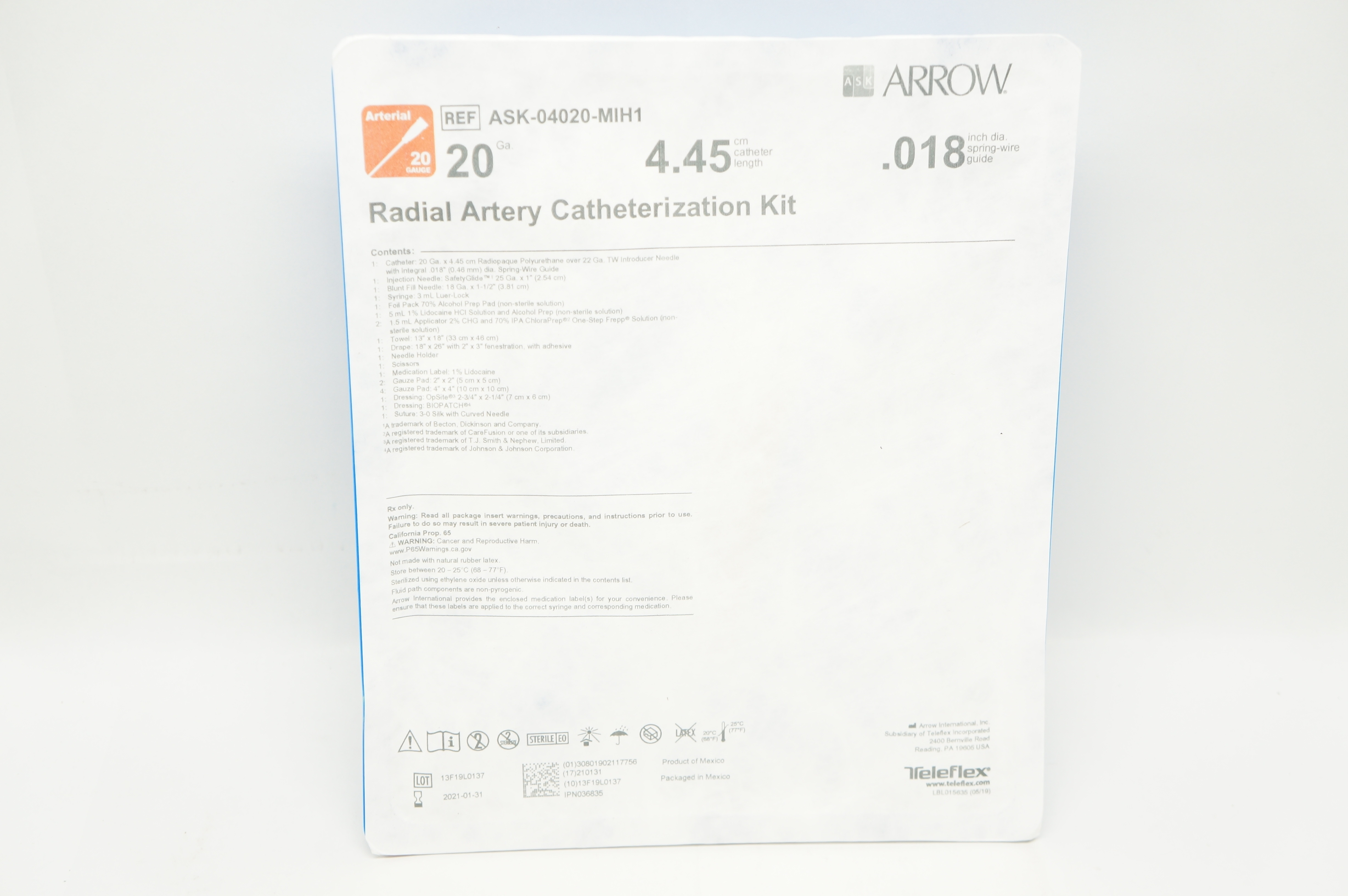 Arrow ASK-04020-MIH1 Radial Artery Catheterization Kit 20Ga x4.45cm x .018in.(x)
