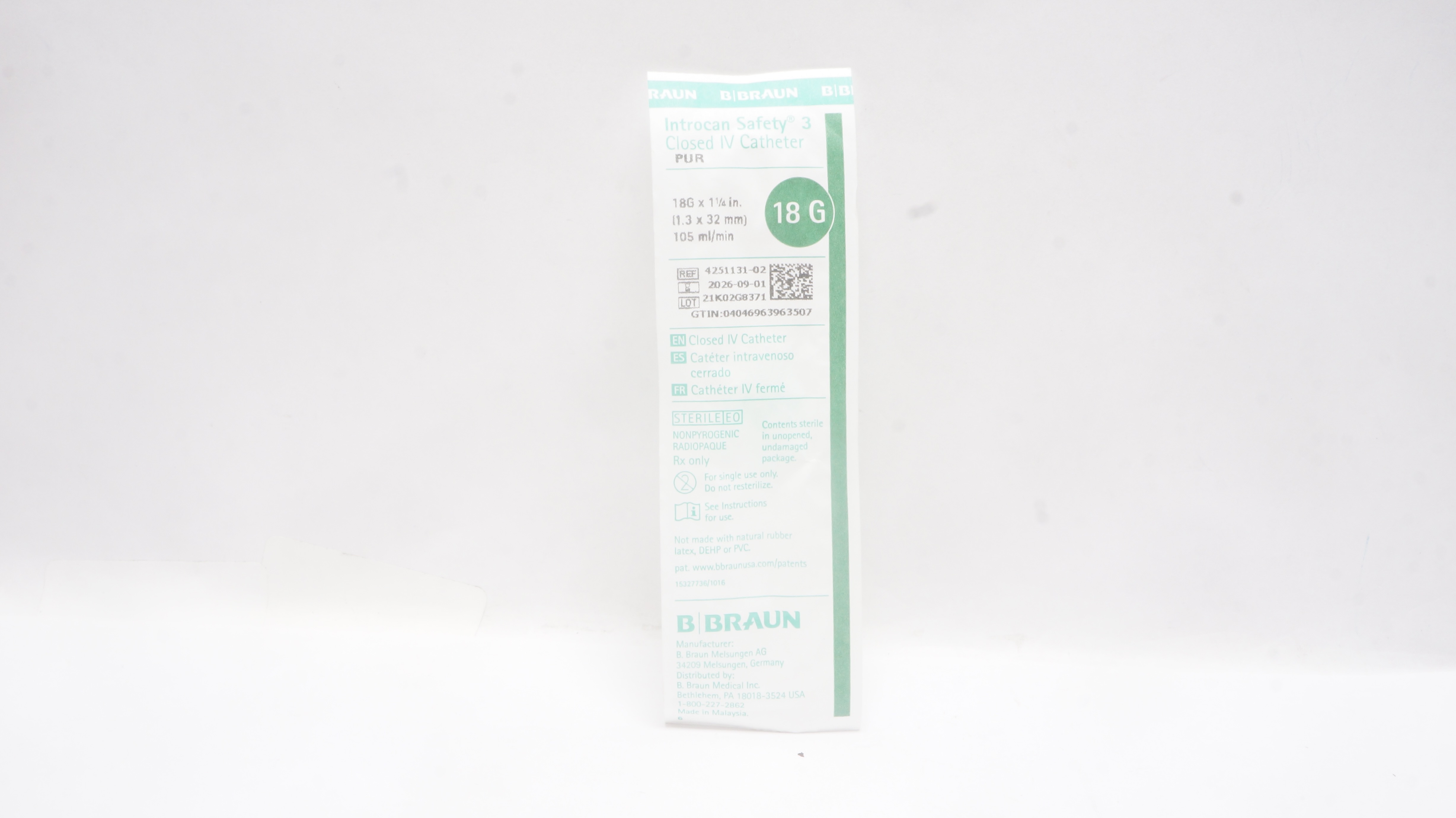 Braun 4251131-02 Introcan Safety 3 Closed IV Cath. 18G x 1-1/4inch 105mL/min