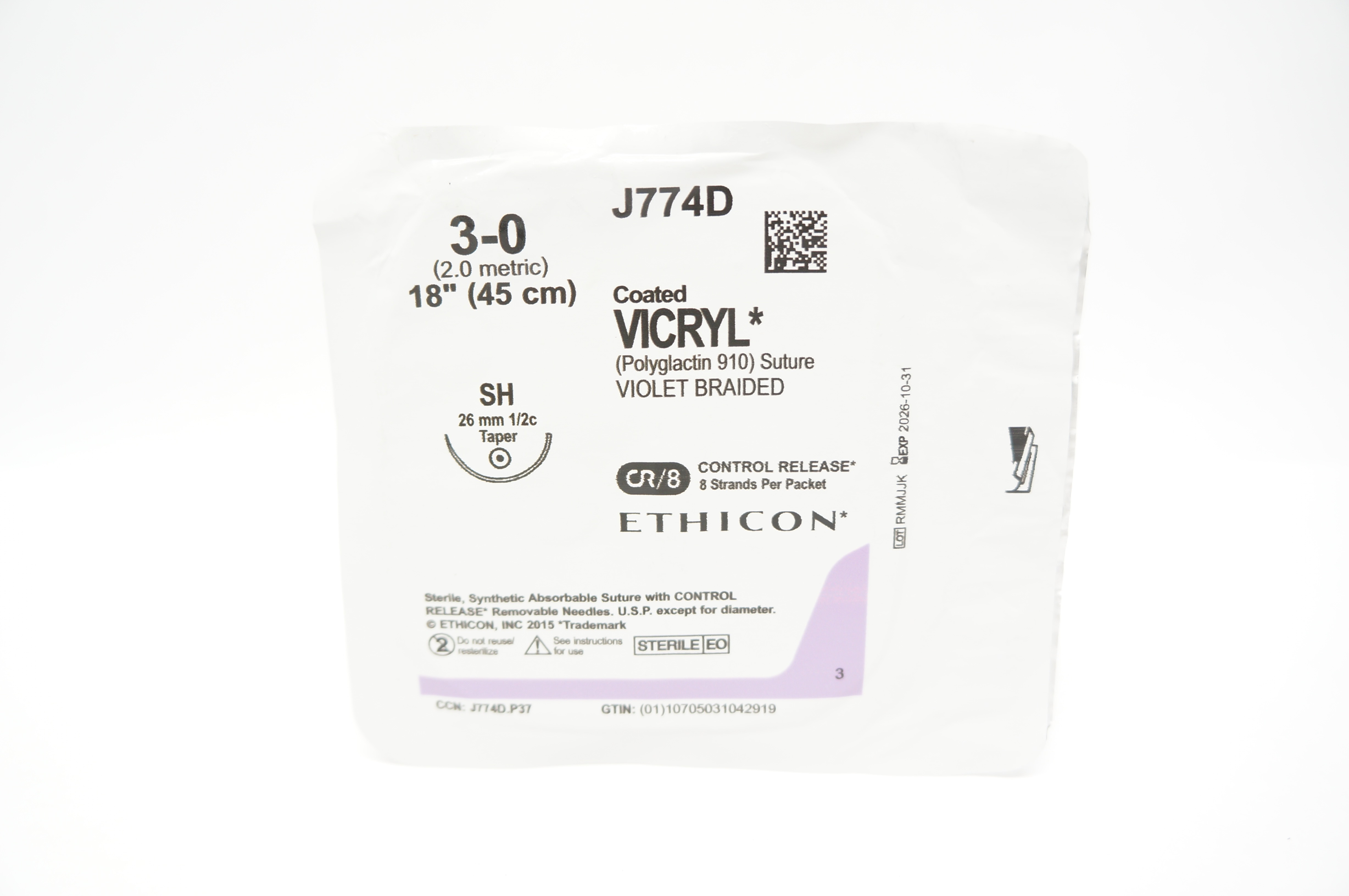 Ethicon J774D 3-0 Coated VICRYL Stre Violet Braided SH 26mm 1/2c Taper, 18inch