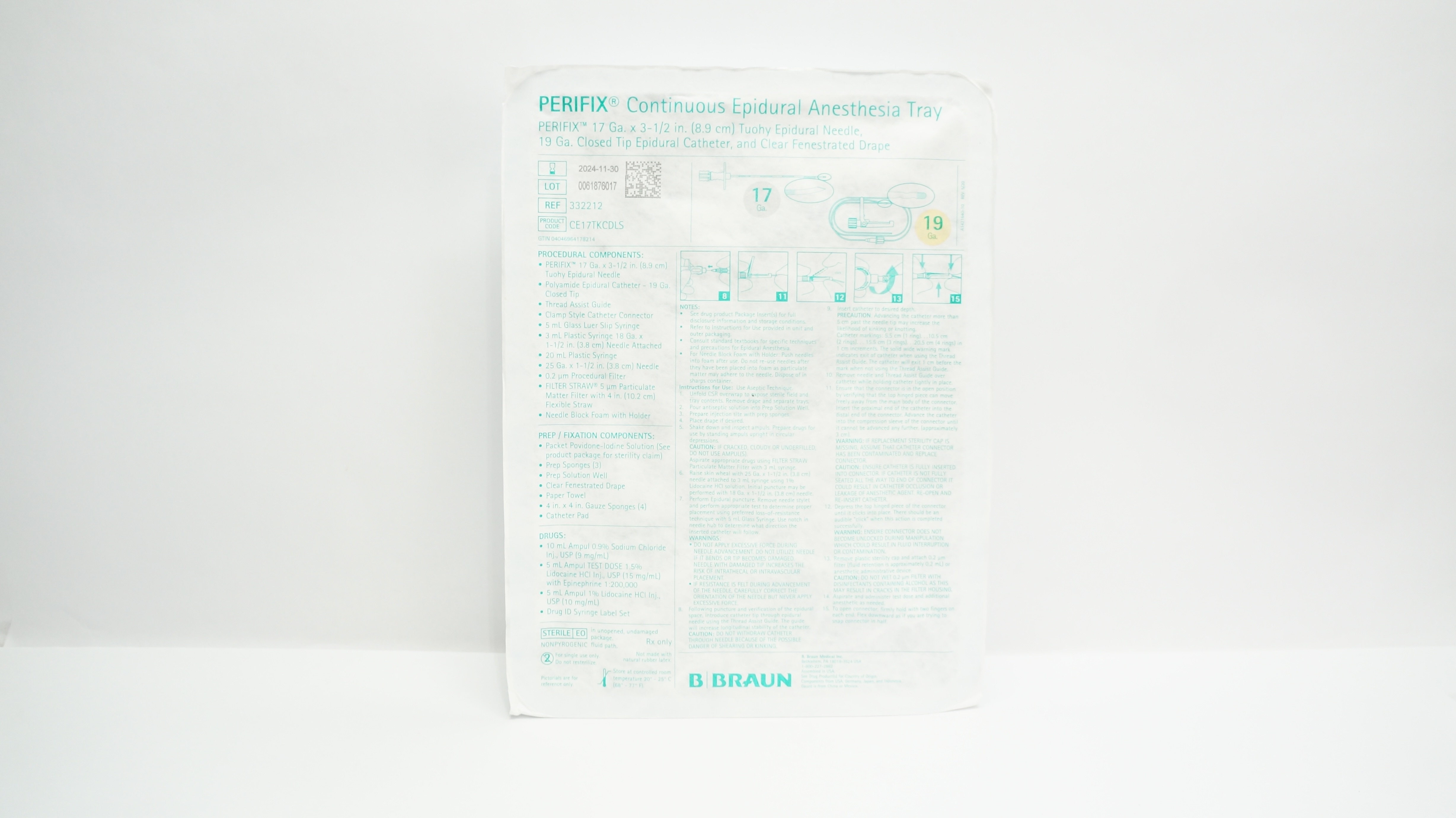 Braun 332212 Perifix Epidural Anesthesia Tray Ndle 17Ga x 3-1/2inch, Cath. 19Ga