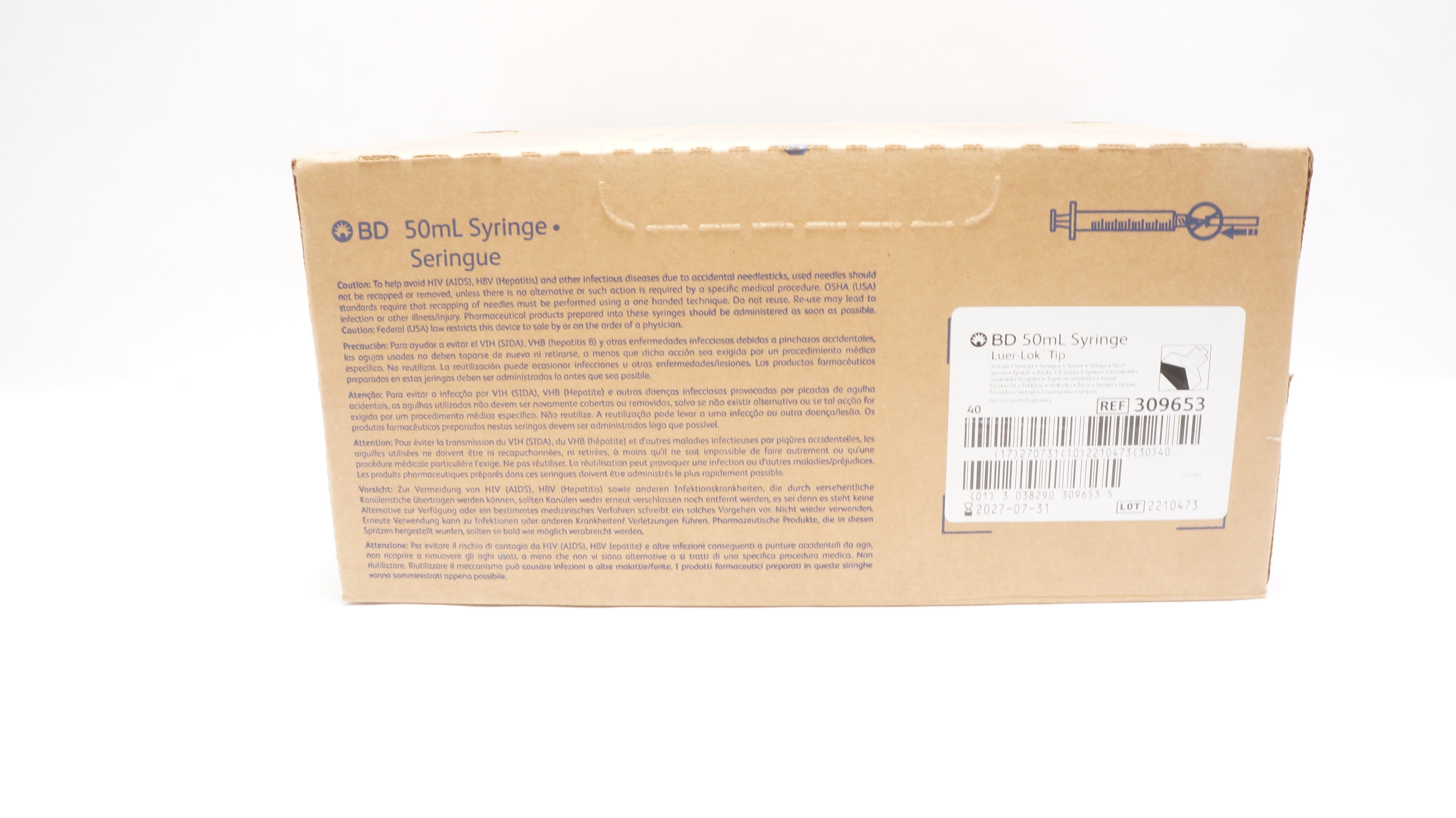 BD 309653 Syringe Luer-Lok Tip 50mL - Box of 40
