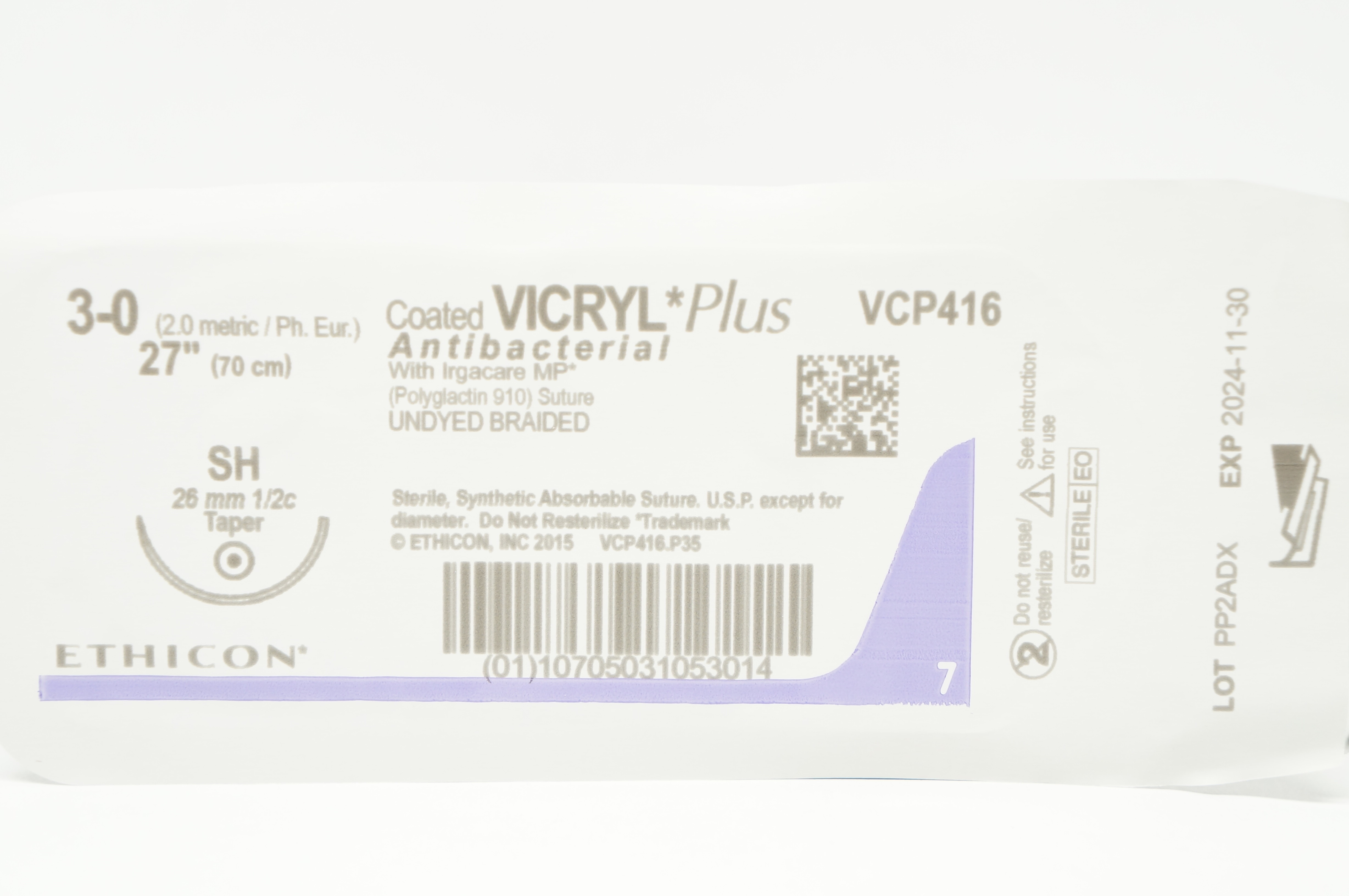 Ethicon VCP416 3-0 VICRYL Plus, SH, 26mm 1/2c Taper, 27inch