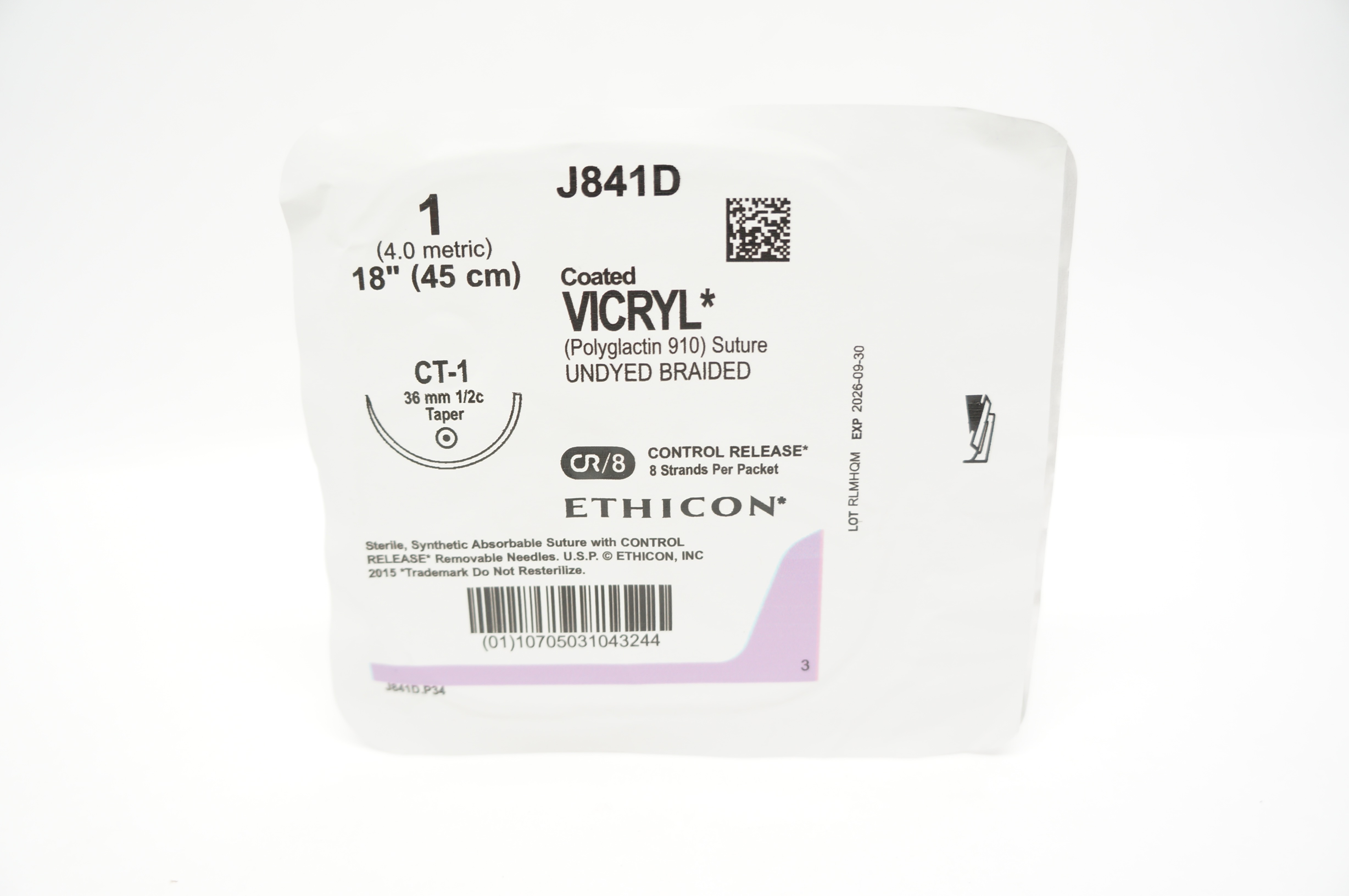 Ethicon J841D 1 Coated VICRYL Polyglactin Stre CT-1 36mm 1/2c Taper, 18inch