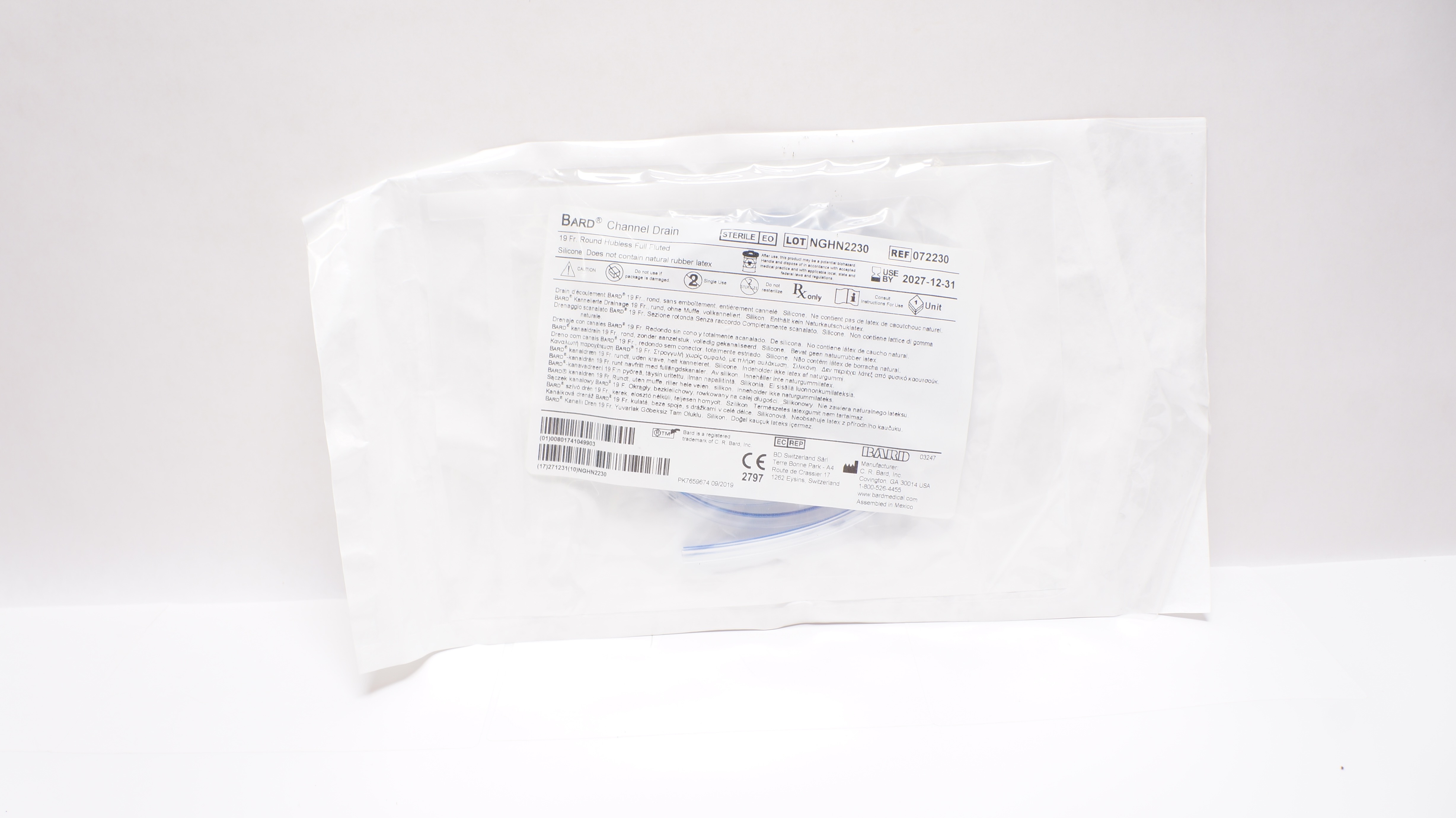 Bard 072230 Channel Drain Round Hubless Full Fluted Silicone 19 Fr.